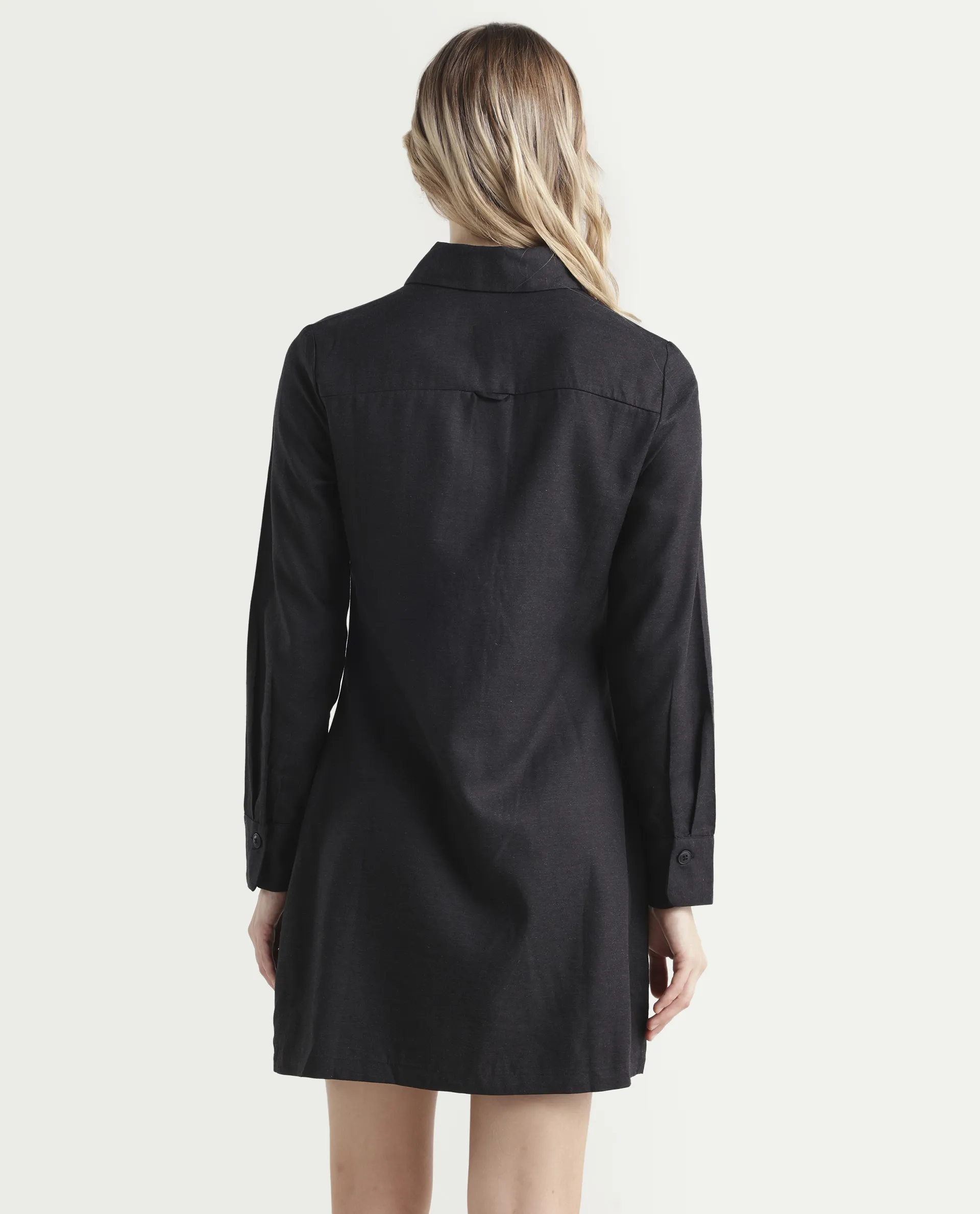 Rareism Women's Pricot Black Polyester Spread Collar Plain Cuffed Sleeve Mini Regular Fit Dress - Image 7