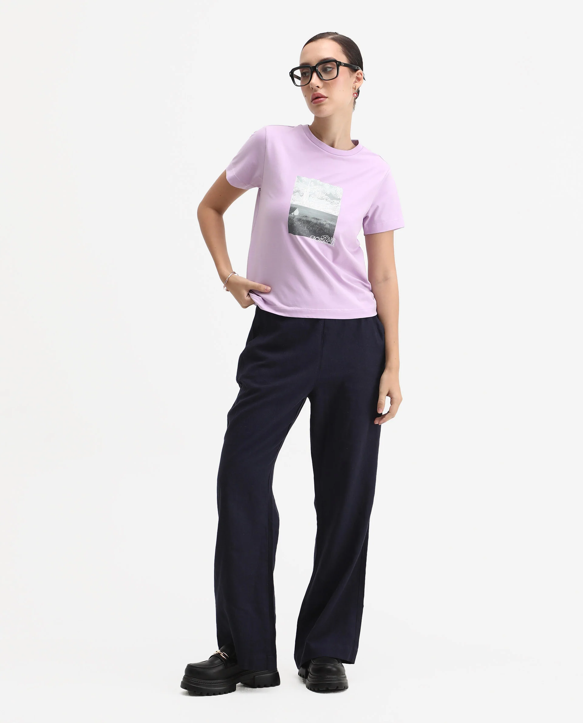 Rareism Women's Prife Light Purple Polyester Blend Crew Neck Graphic Print Regular Fit T-Shirt - Image 2