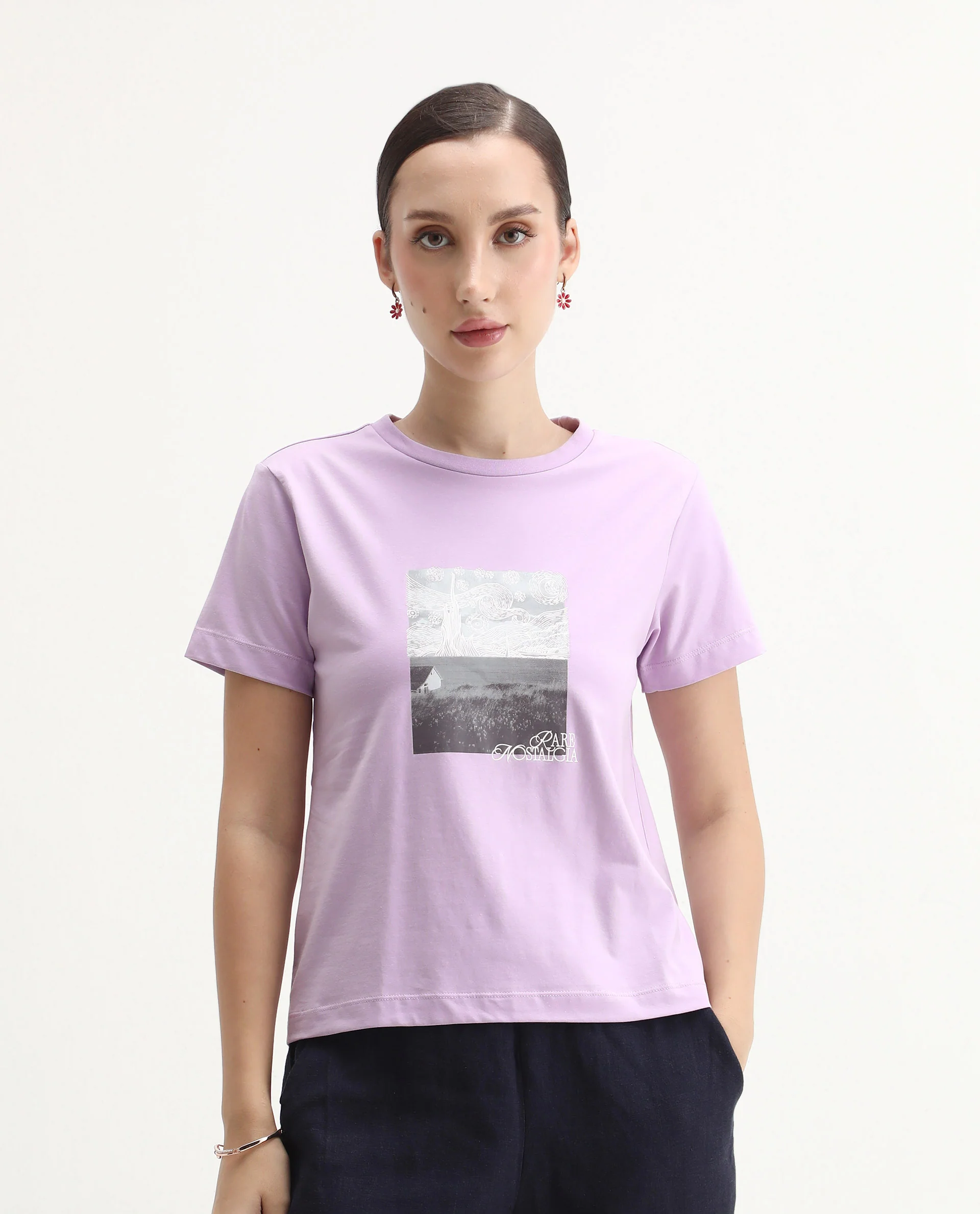 Rareism Women's Prife Light Purple Polyester Blend Crew Neck Graphic Print Regular Fit T-Shirt - Image 3