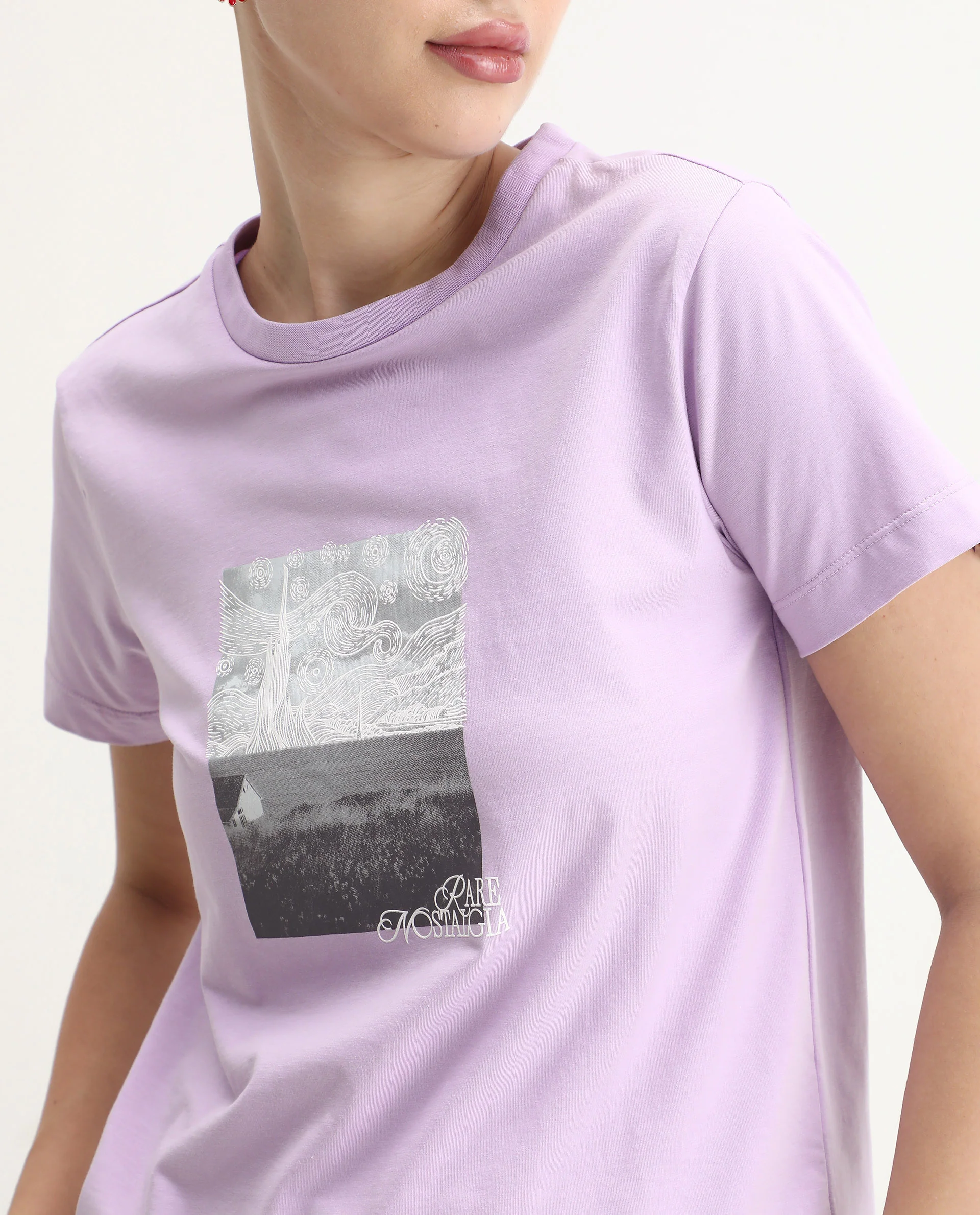 Rareism Women's Prife Light Purple Polyester Blend Crew Neck Graphic Print Regular Fit T-Shirt - Image 4