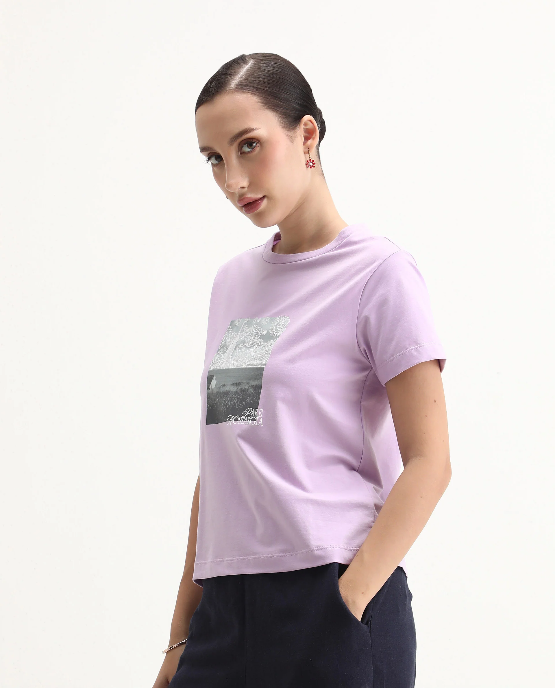 Rareism Women's Prife Light Purple Polyester Blend Crew Neck Graphic Print Regular Fit T-Shirt - Image 5