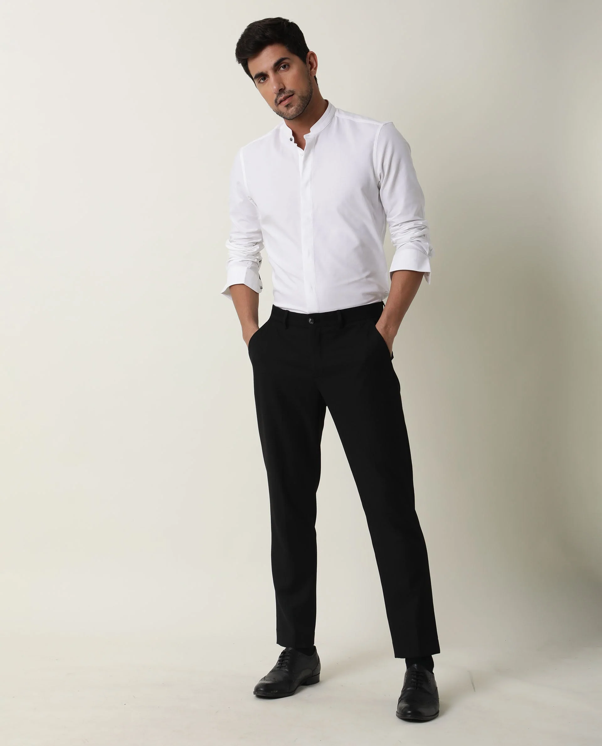 Rare Rabbit Men's Prime White Cotton Plain Regular Fit Full Sleeve Mandarin Collar Shirt - Image 2