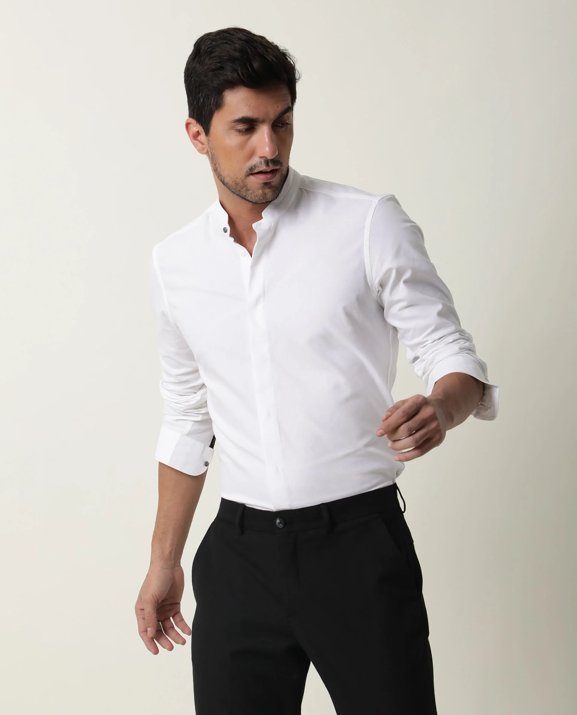 Rare Rabbit Men's Prime White Cotton Plain Regular Fit Full Sleeve Mandarin Collar Shirt - Image 3