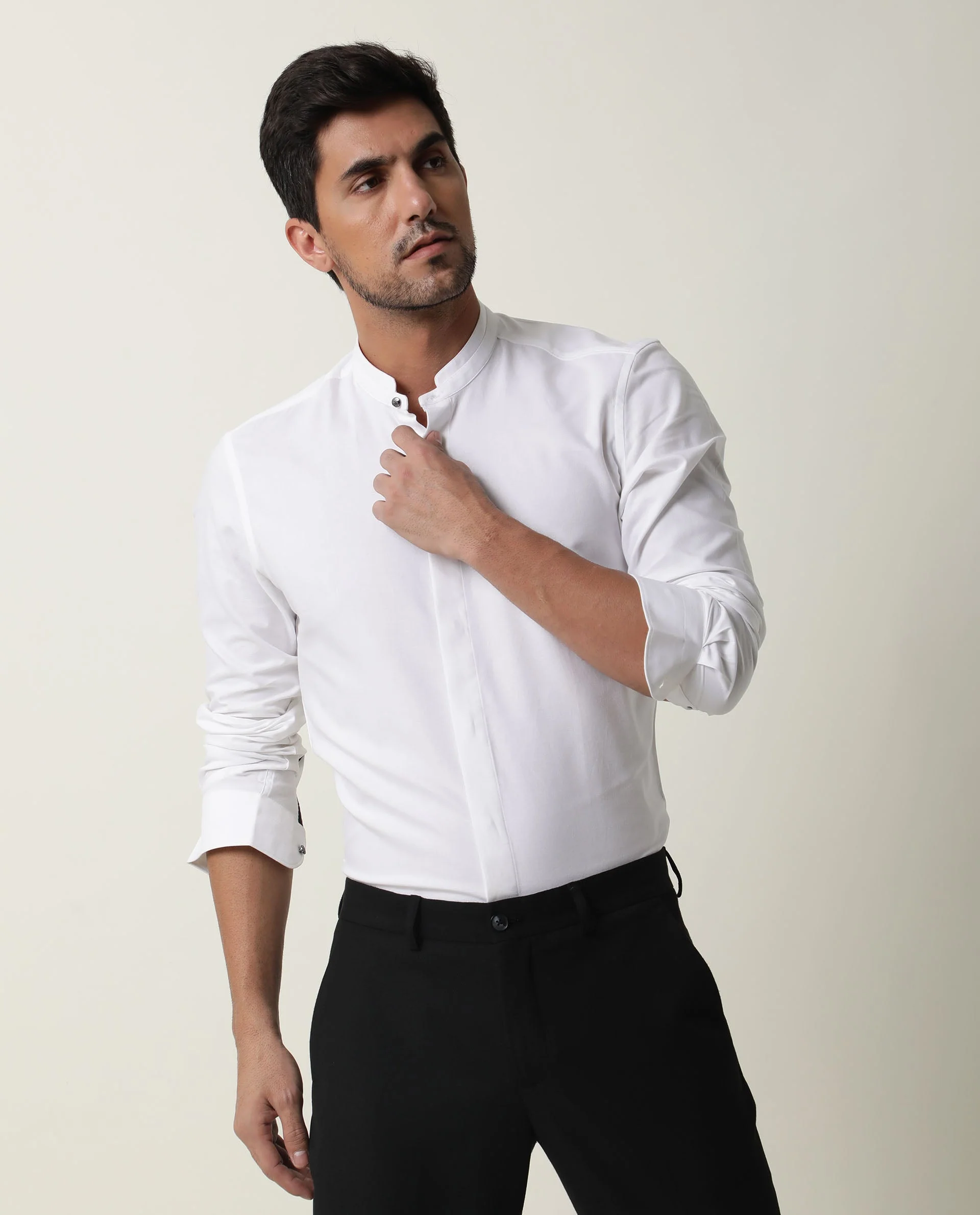 Rare Rabbit Men's Prime White Cotton Plain Regular Fit Full Sleeve Mandarin Collar Shirt - Image 4