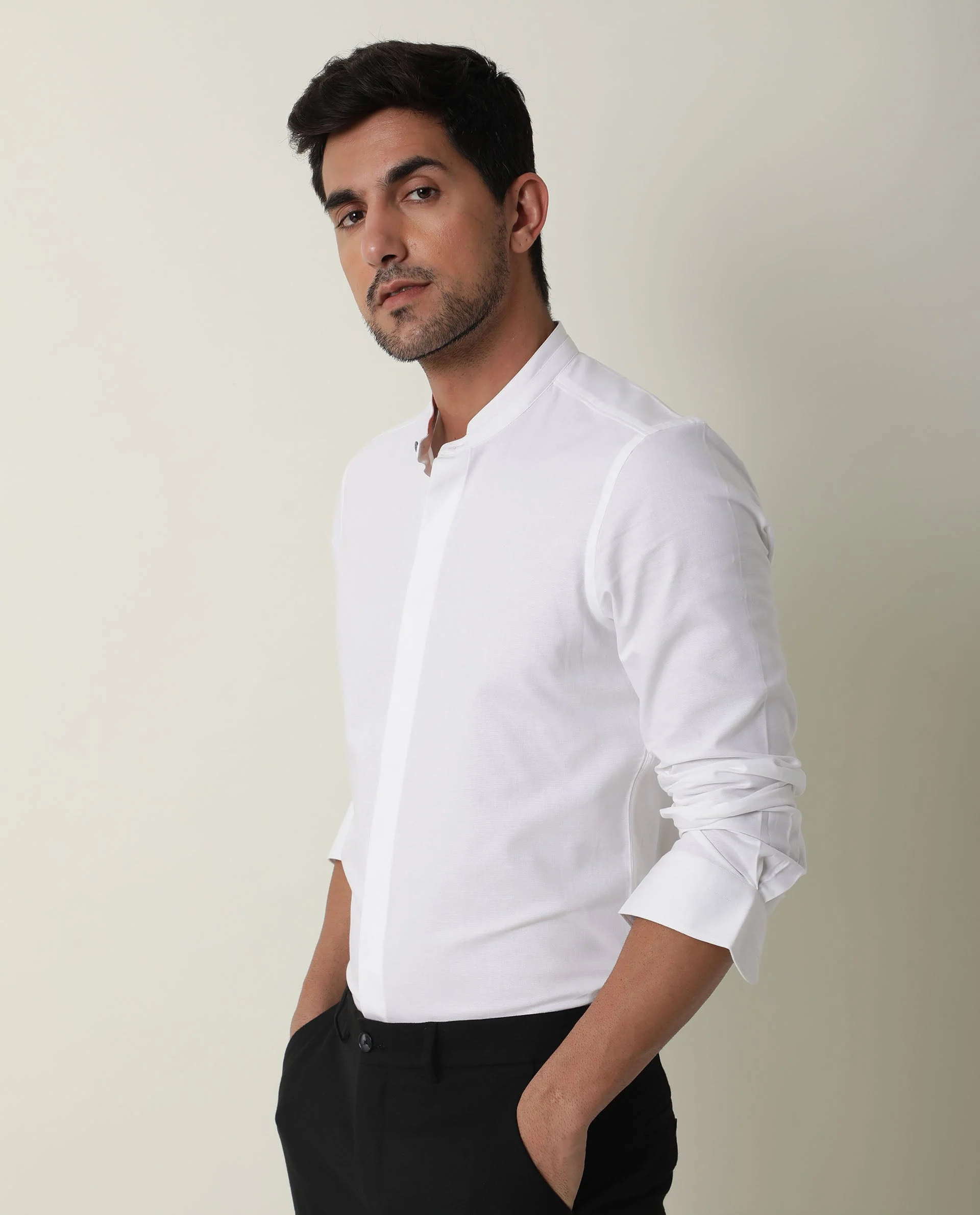 Rare Rabbit Men's Prime White Cotton Plain Regular Fit Full Sleeve Mandarin Collar Shirt - Image 5