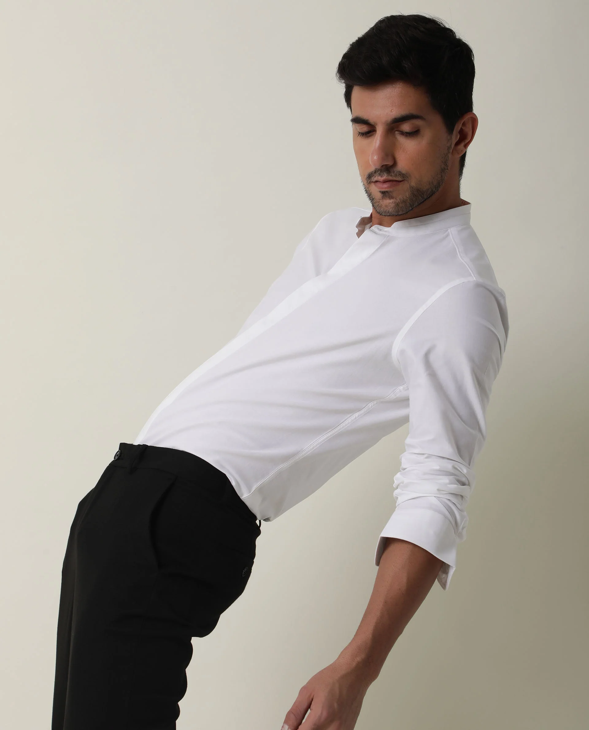 Rare Rabbit Men's Prime White Cotton Plain Regular Fit Full Sleeve Mandarin Collar Shirt - Image 6