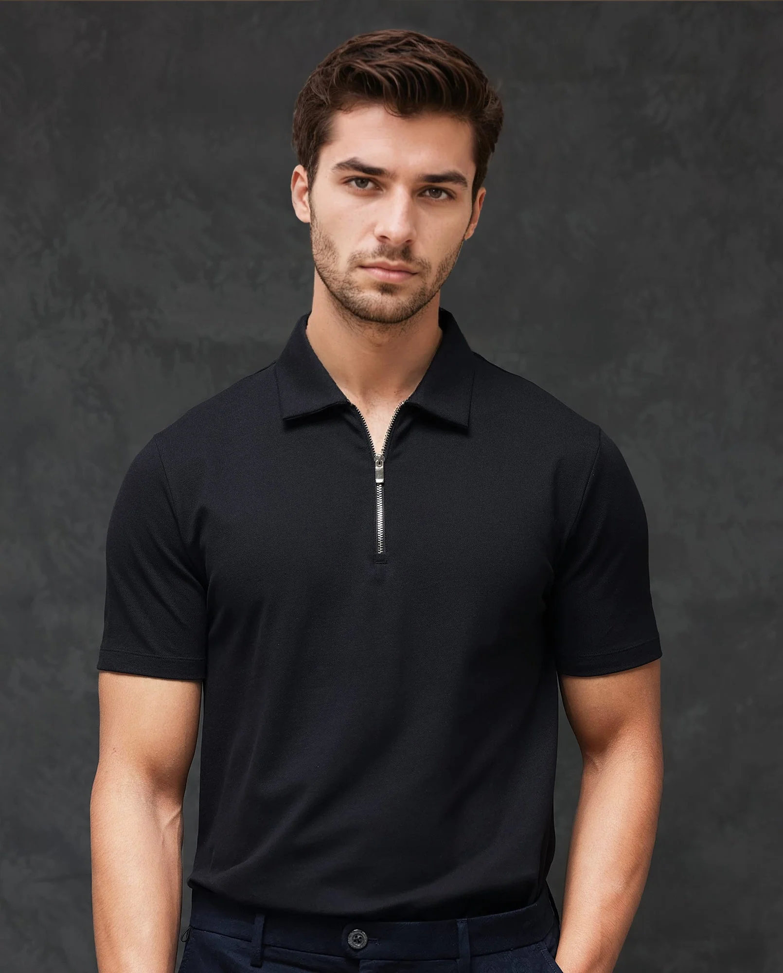 Rare Rabbit Men's Guild Casual Prin 1 Black Cotton Blend Plain Regular Fit Half Sleeve Polo