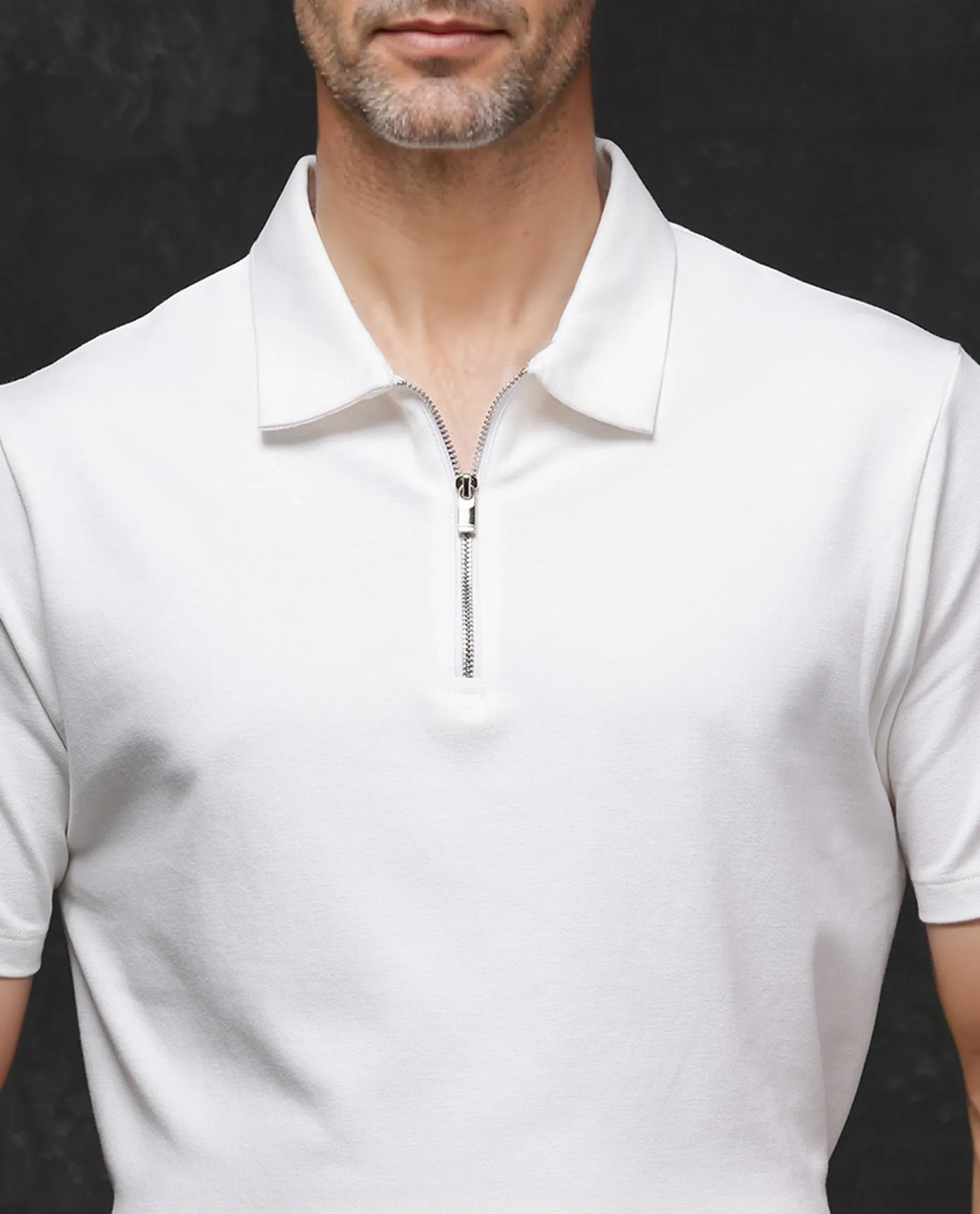 Rare Rabbit Men's Prin-2 White Cotton Plain Regular Fit Half Sleeve Polo - Image 3
