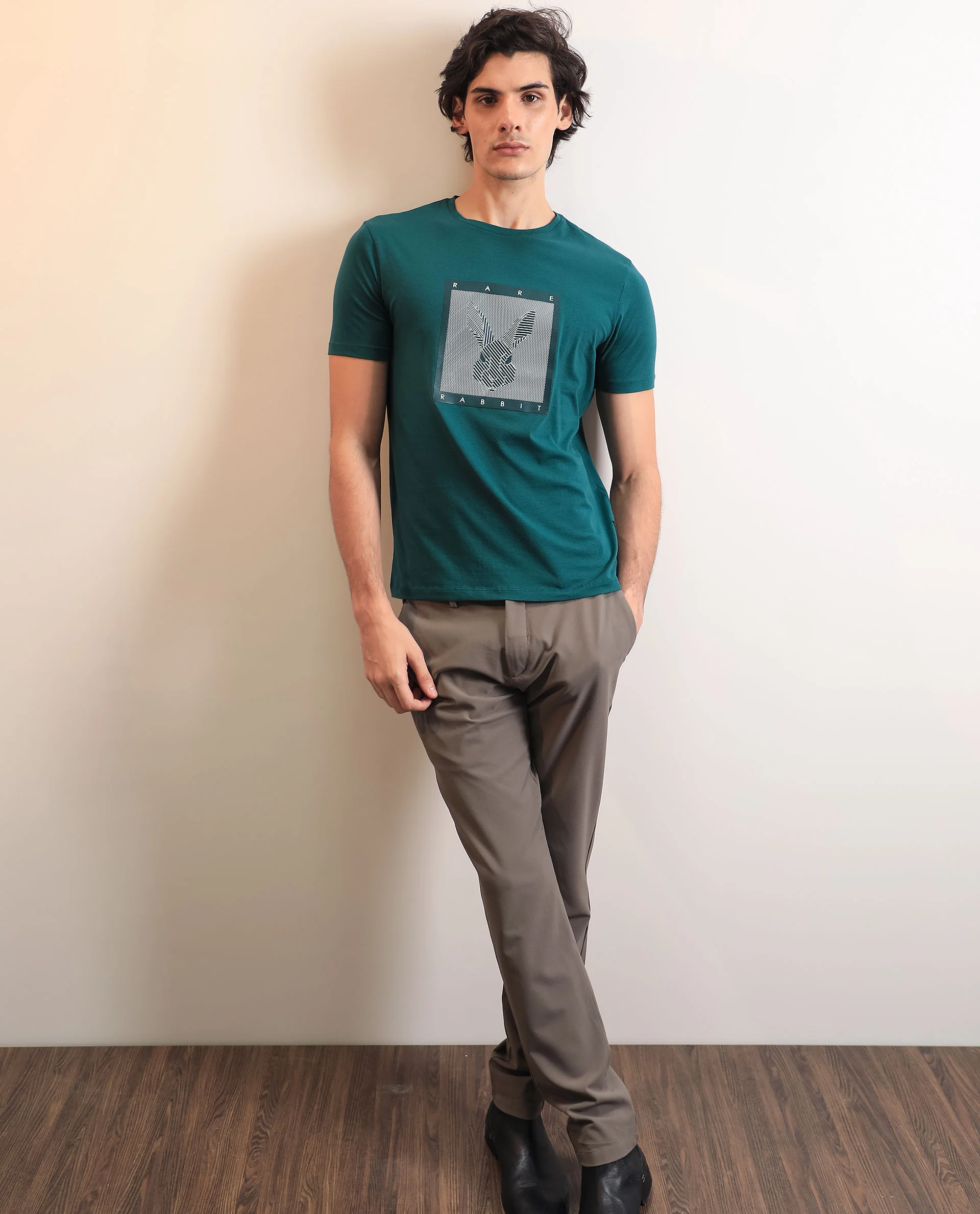 Rare Rabbit Men's Princeton Green Cotton Graphic Print Slim Fit Half Sleeve Crew Neck T-Shirt - Image 2
