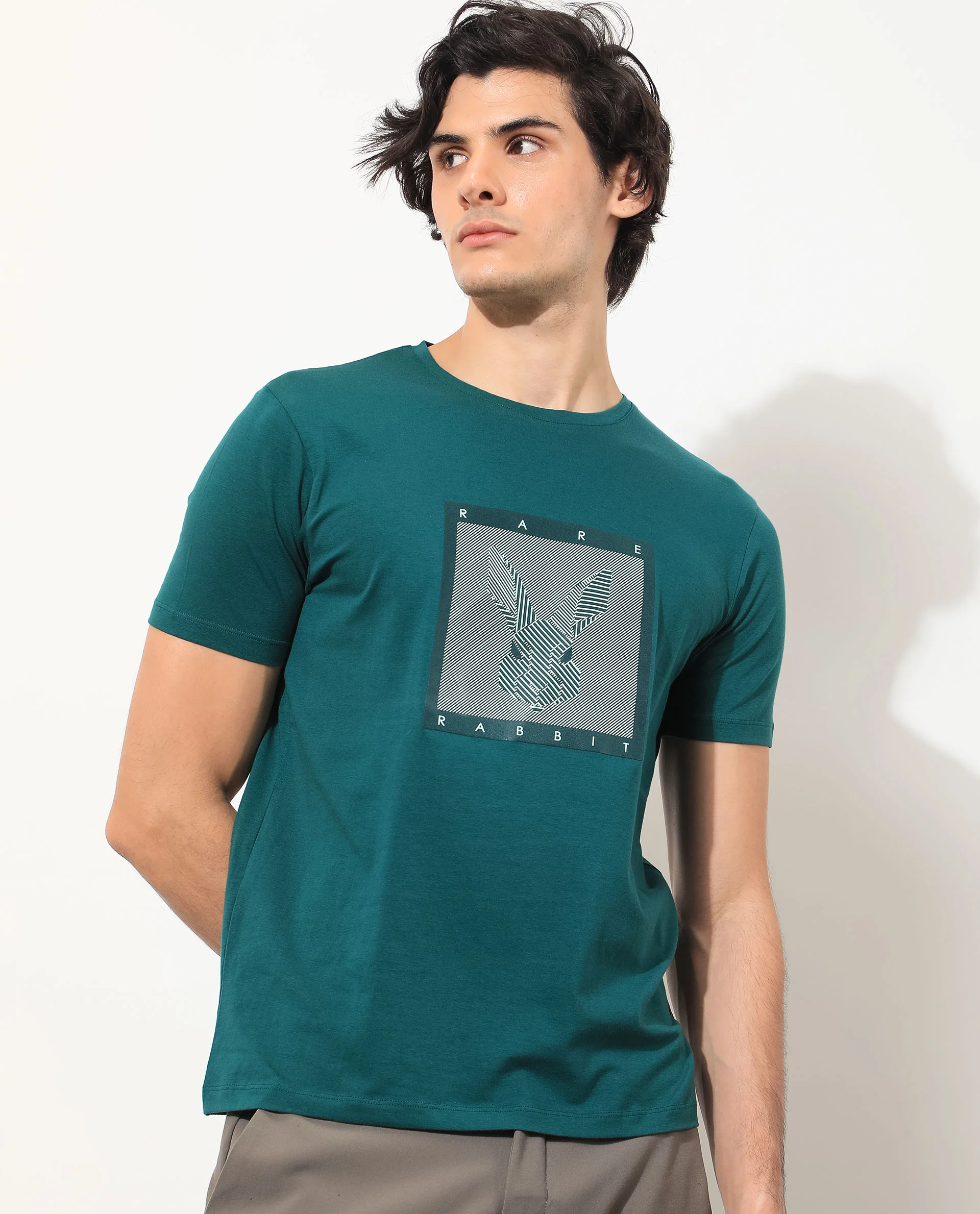 Rare Rabbit Men's Princeton Green Cotton Graphic Print Slim Fit Half Sleeve Crew Neck T-Shirt - Image 3