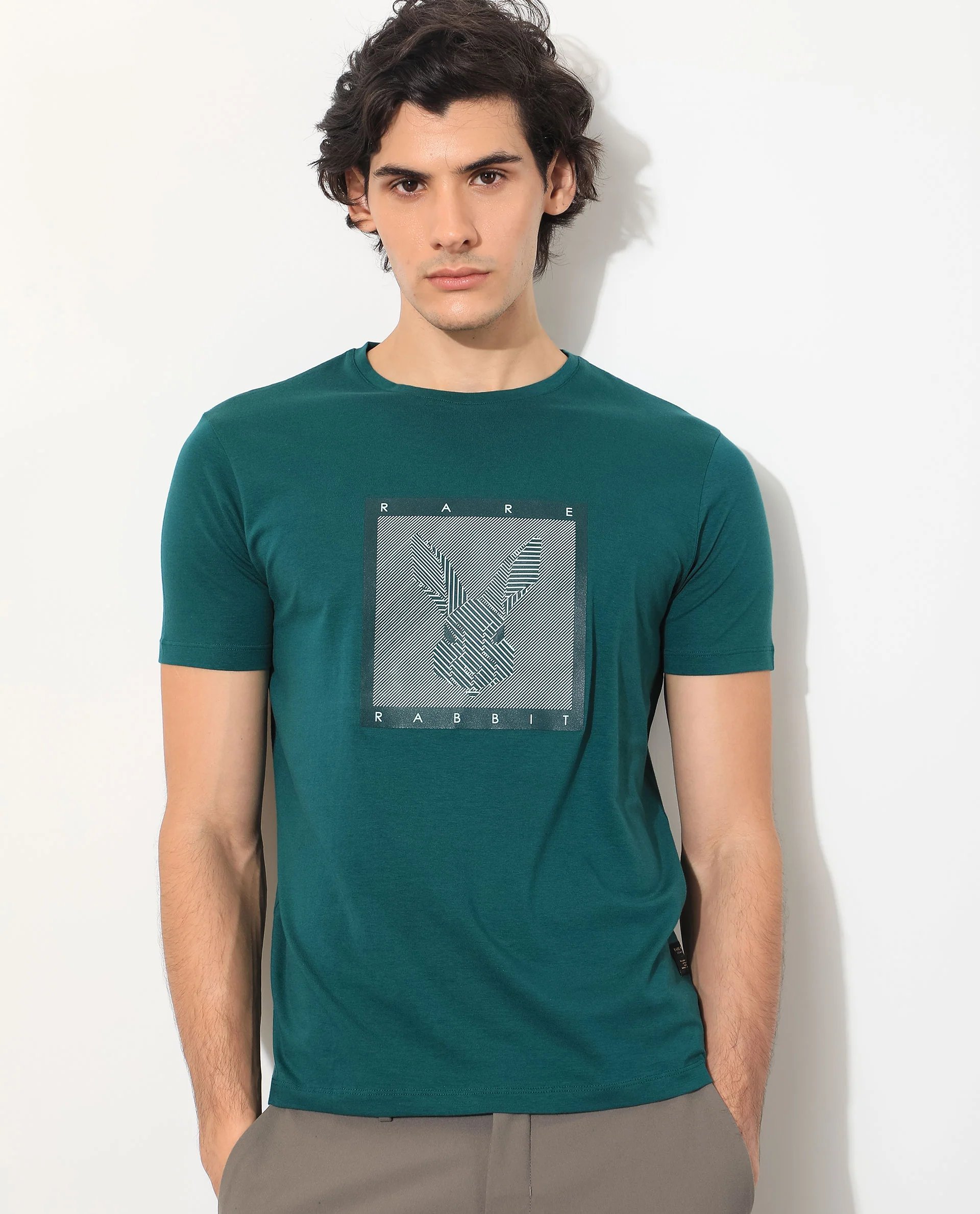 Rare Rabbit Men's Princeton Green Cotton Graphic Print Slim Fit Half Sleeve Crew Neck T-Shirt - Image 4