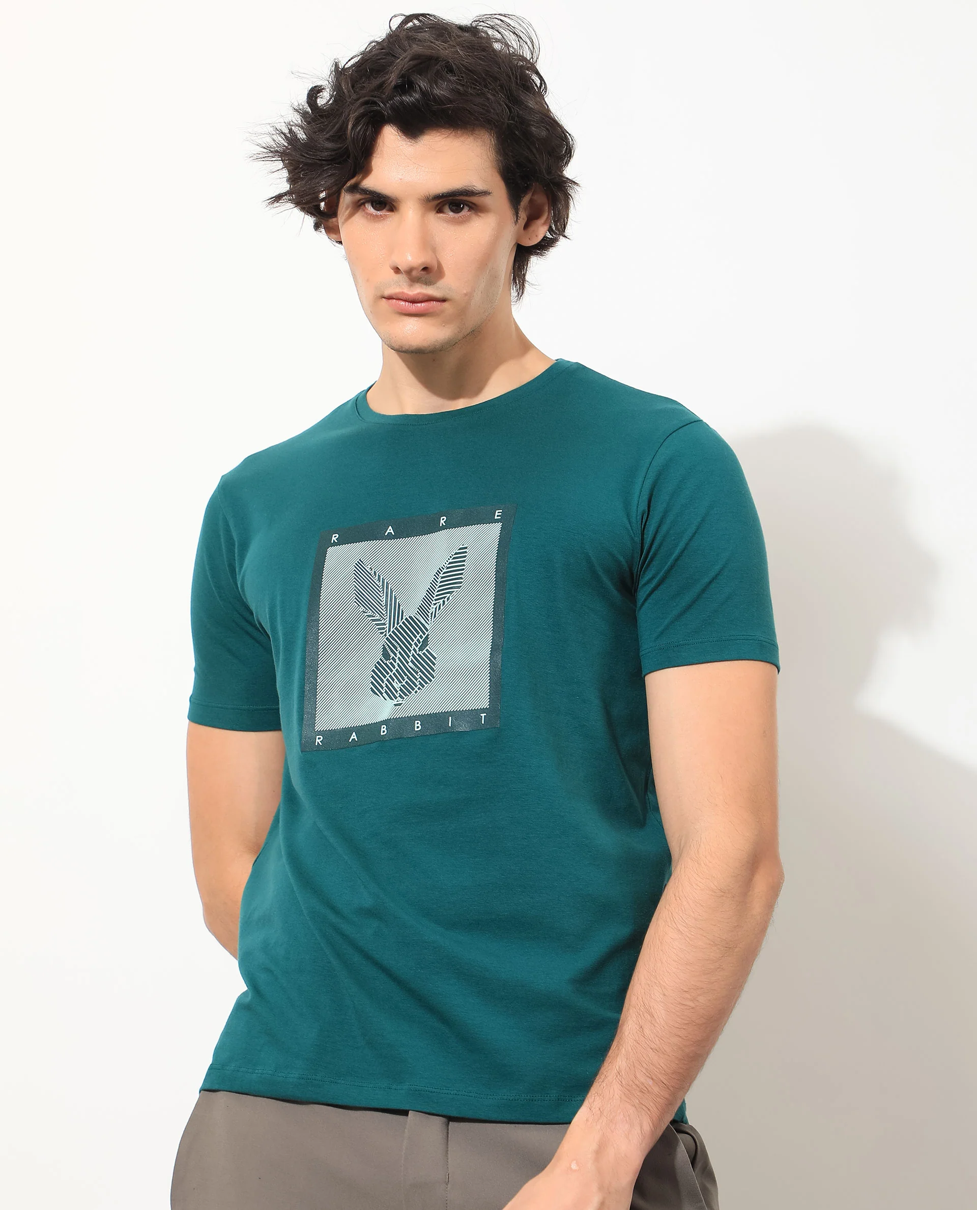 Rare Rabbit Men's Princeton Green Cotton Graphic Print Slim Fit Half Sleeve Crew Neck T-Shirt - Image 7