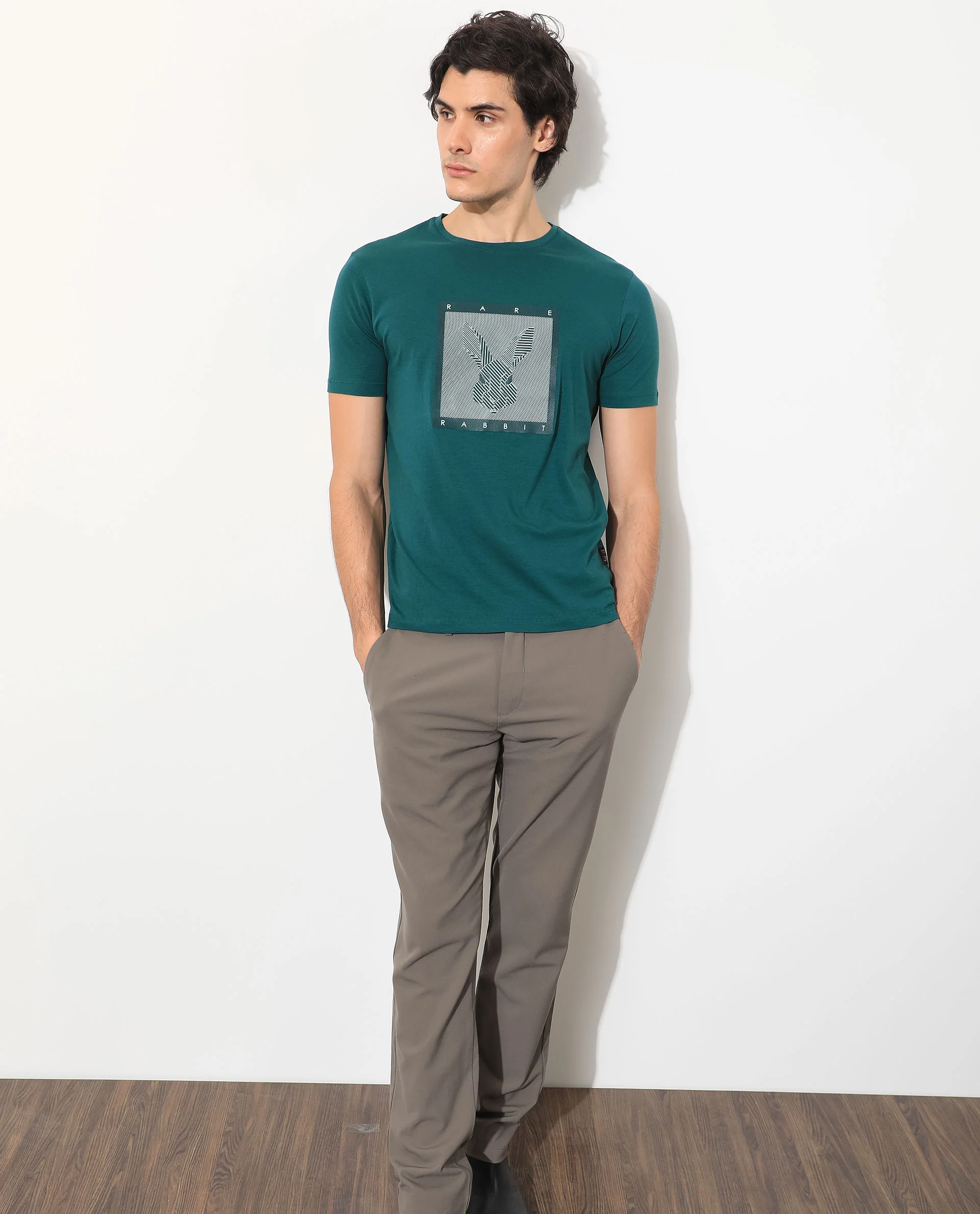 Rare Rabbit Men's Princeton Green Cotton Graphic Print Slim Fit Half Sleeve Crew Neck T-Shirt - Image 9