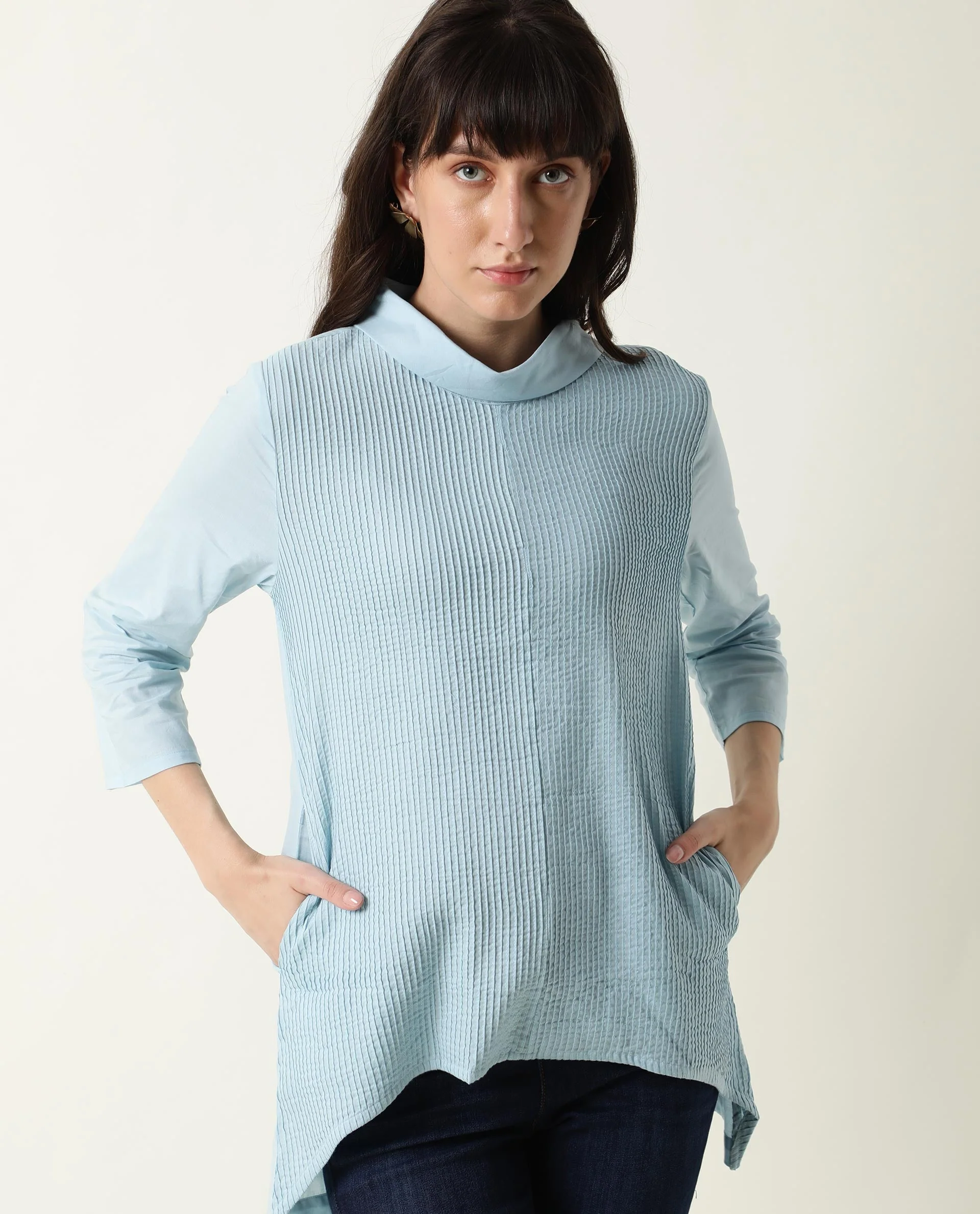 Rareism Women's Printol Blue Cotton Turtle Neck Plain Regular Fit Top