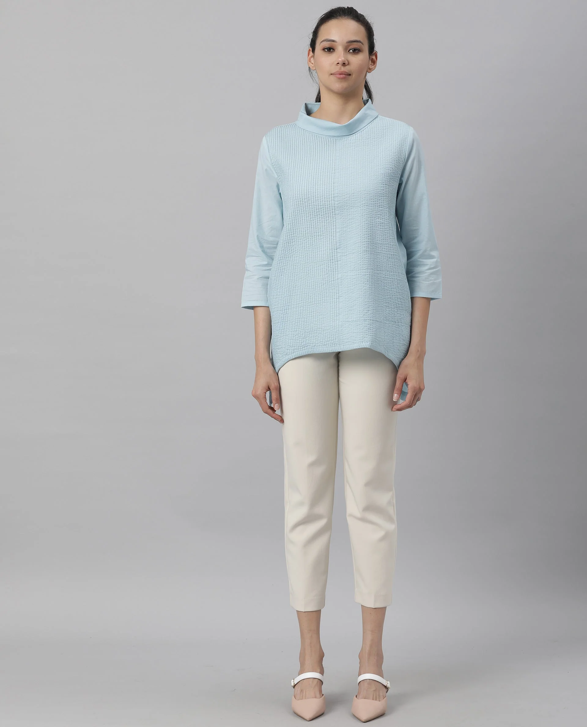 Rareism Women's Printol Blue Cotton Turtle Neck Plain Regular Fit Top - Image 10