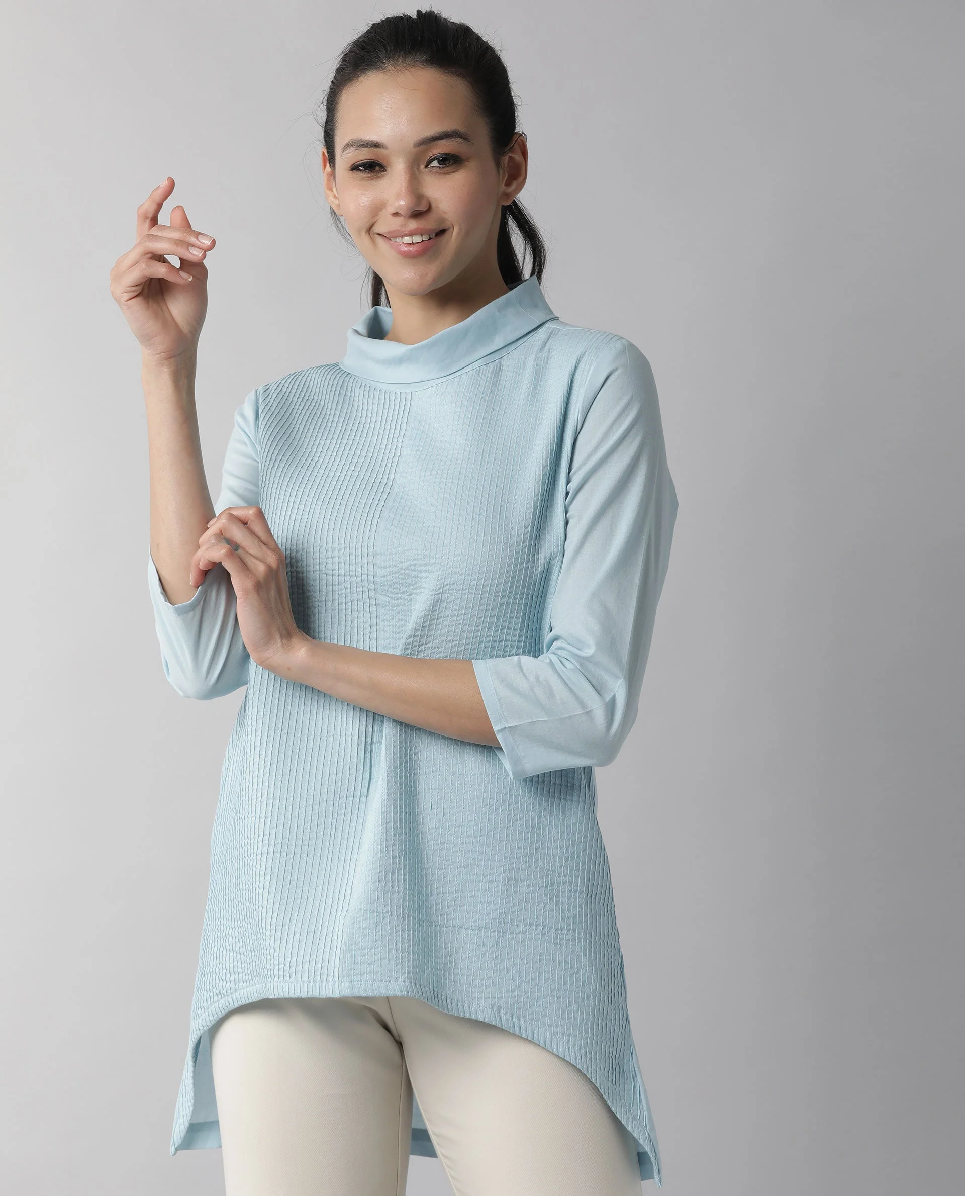 Rareism Women's Printol Blue Cotton Turtle Neck Plain Regular Fit Top - Image 11