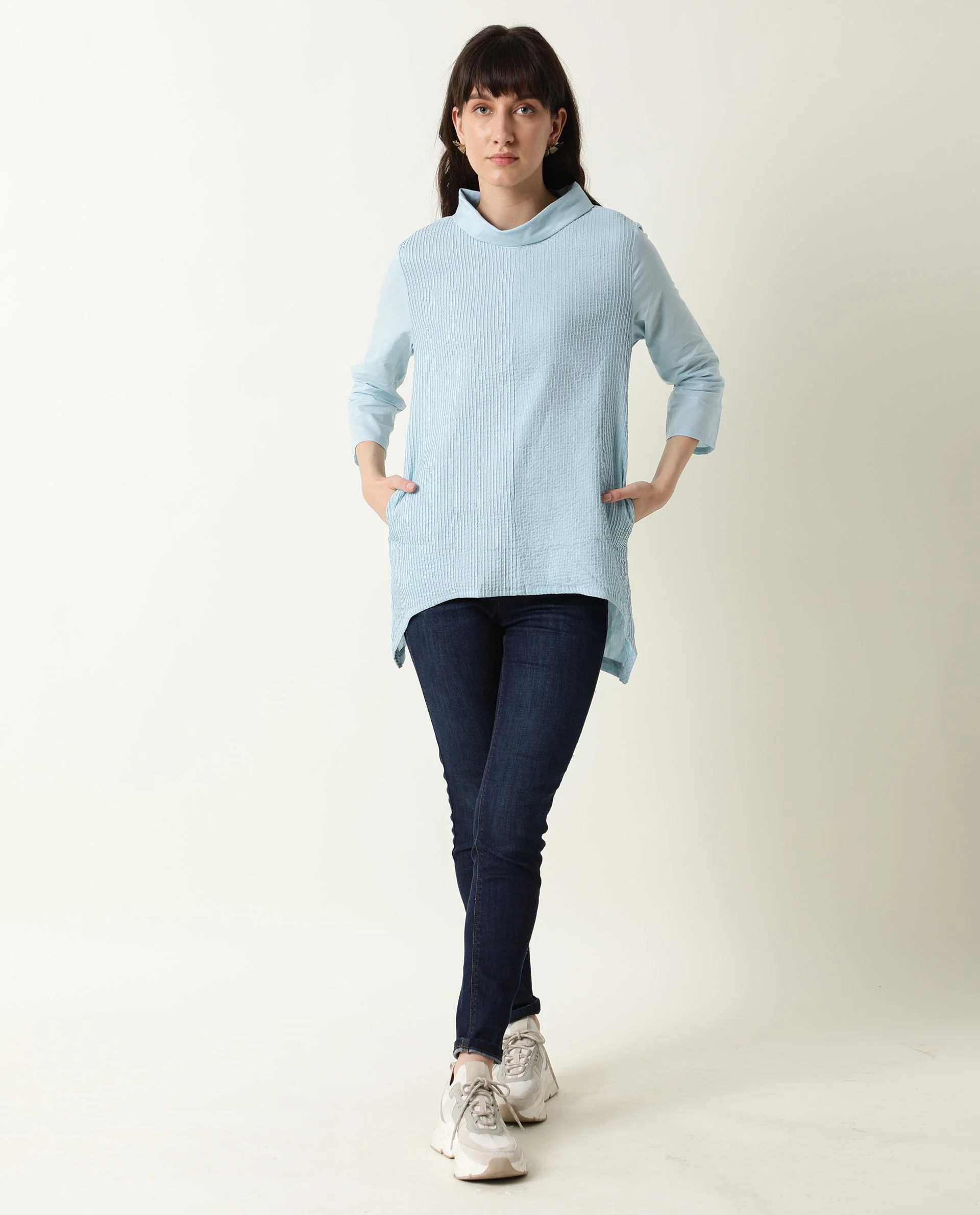 Rareism Women's Printol Blue Cotton Turtle Neck Plain Regular Fit Top - Image 2