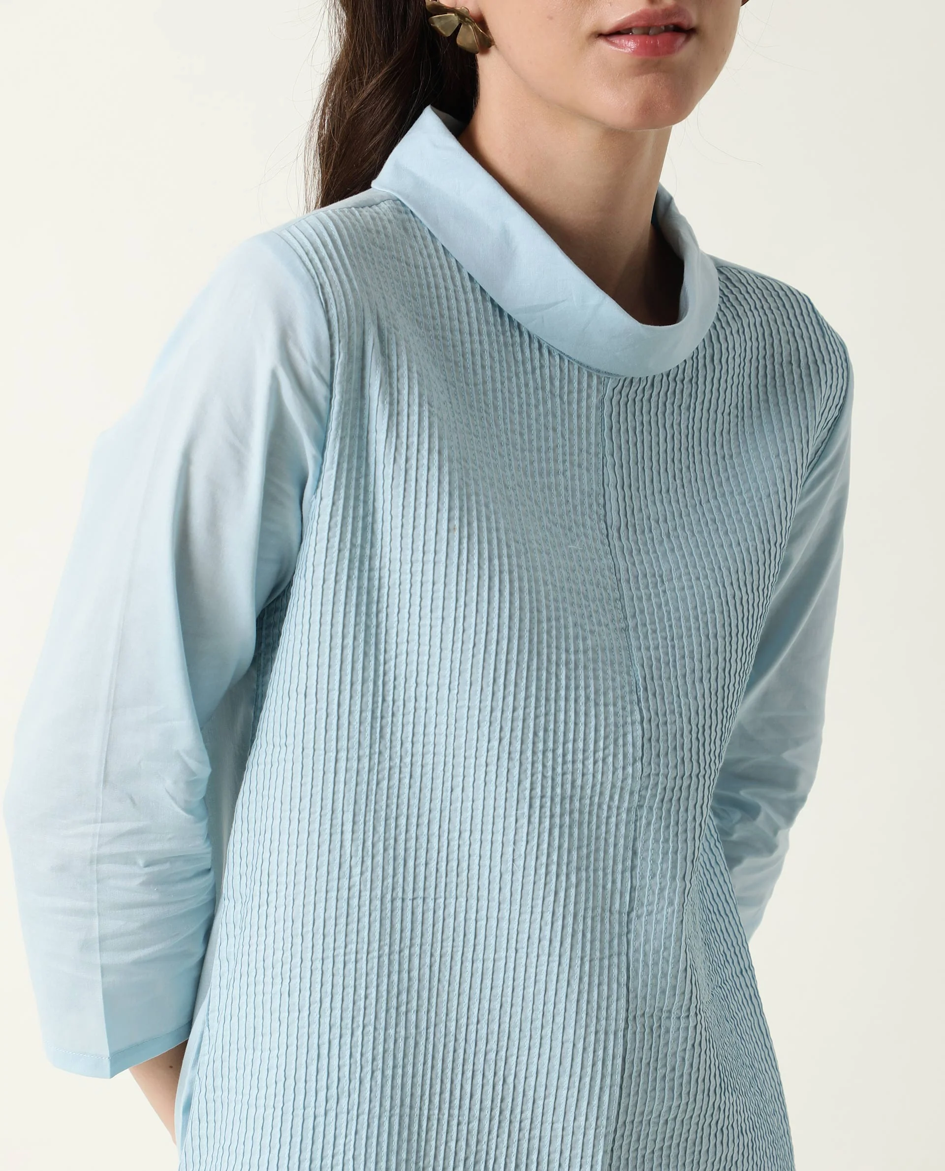 Rareism Women's Printol Blue Cotton Turtle Neck Plain Regular Fit Top - Image 4