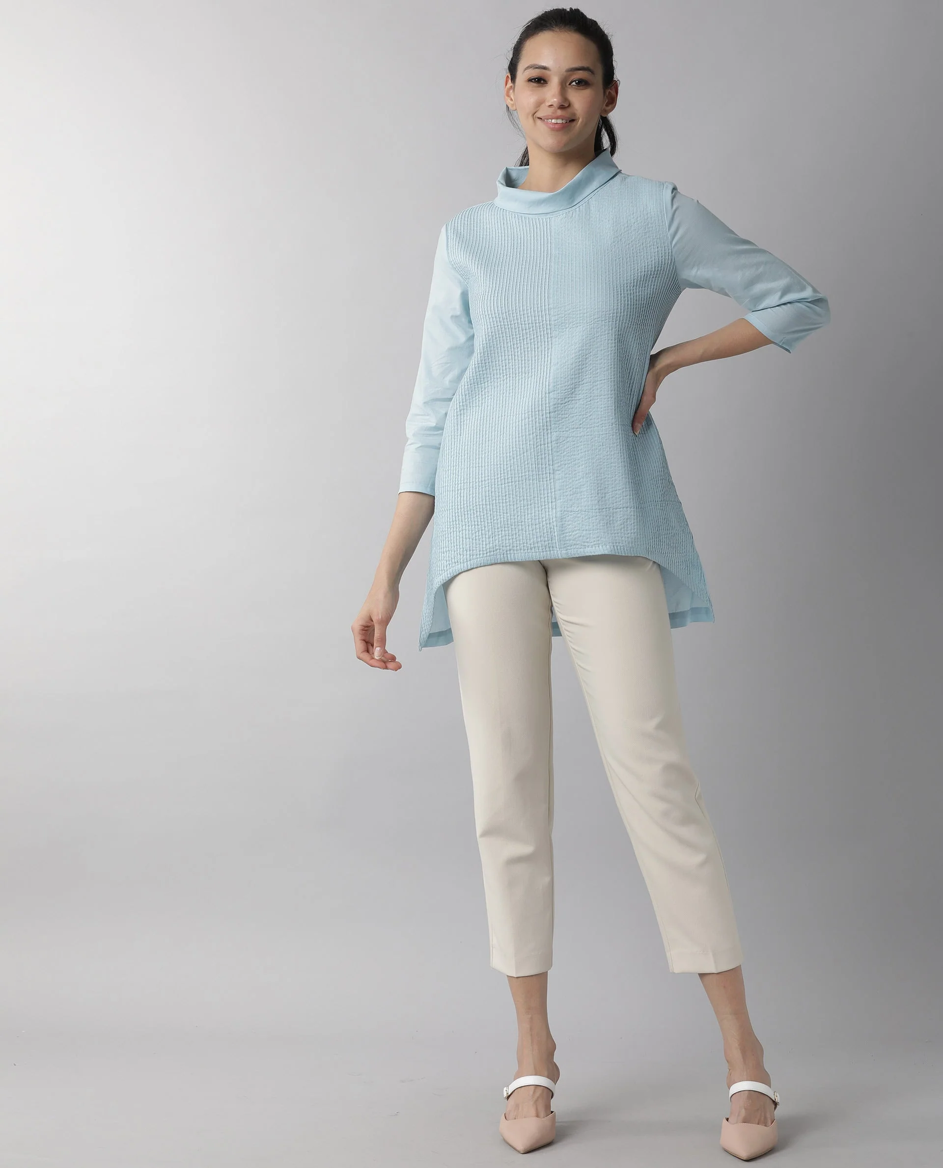 Rareism Women's Printol Blue Cotton Turtle Neck Plain Regular Fit Top - Image 5