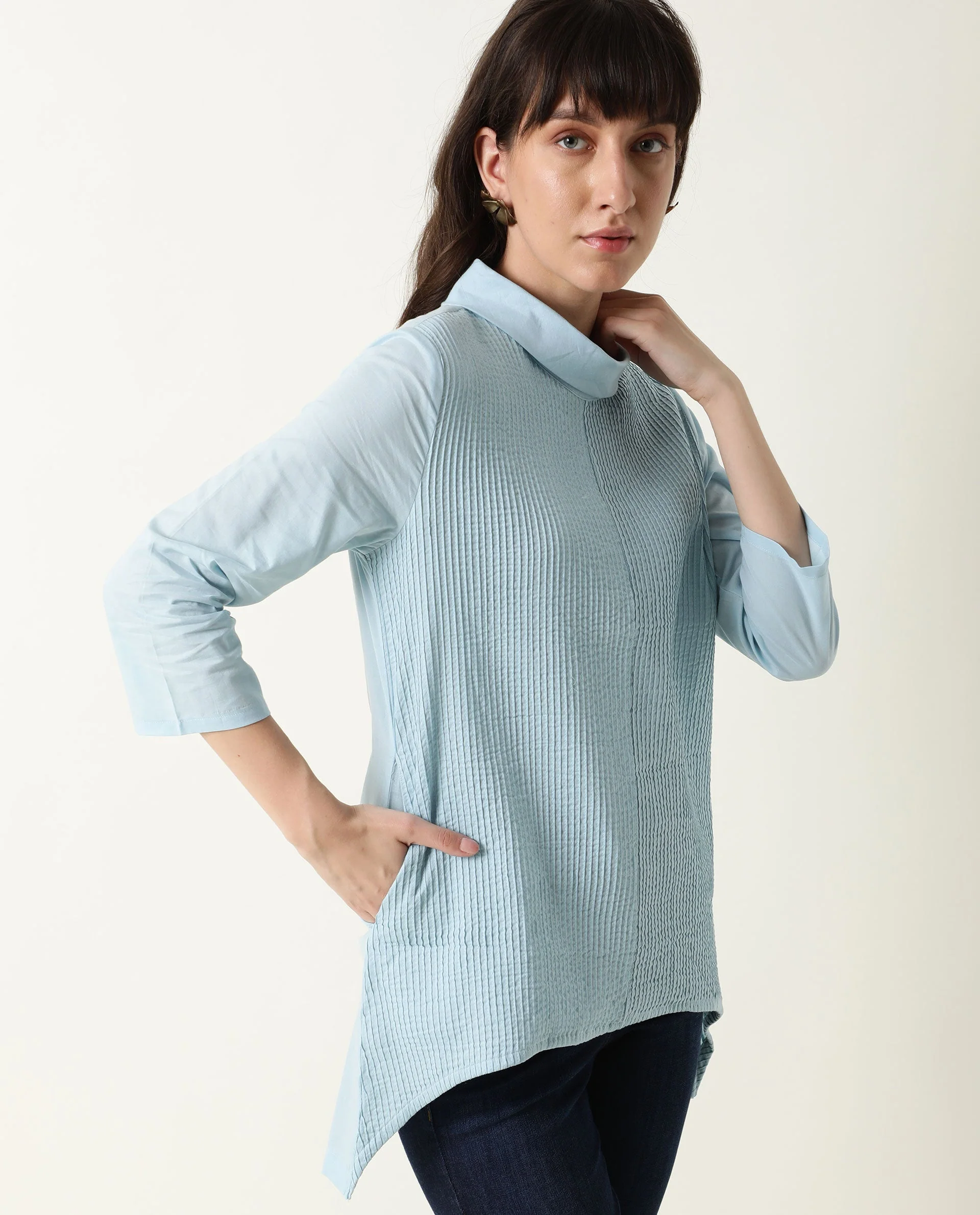 Rareism Women's Printol Blue Cotton Turtle Neck Plain Regular Fit Top - Image 6