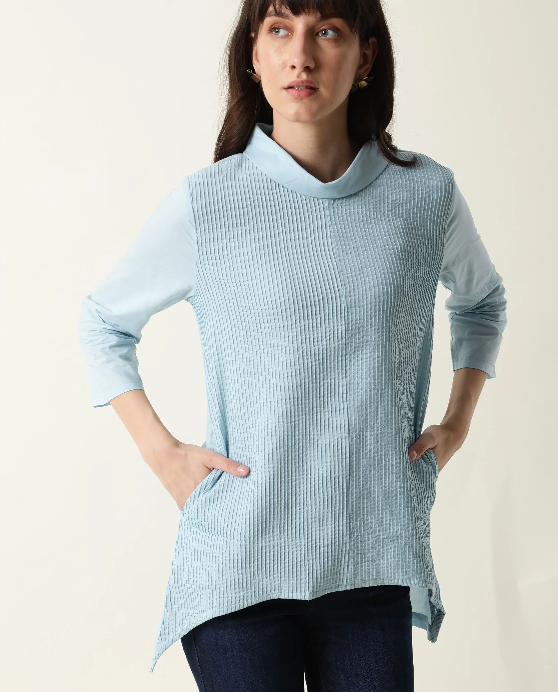Rareism Women's Printol Blue Cotton Turtle Neck Plain Regular Fit Top - Image 7