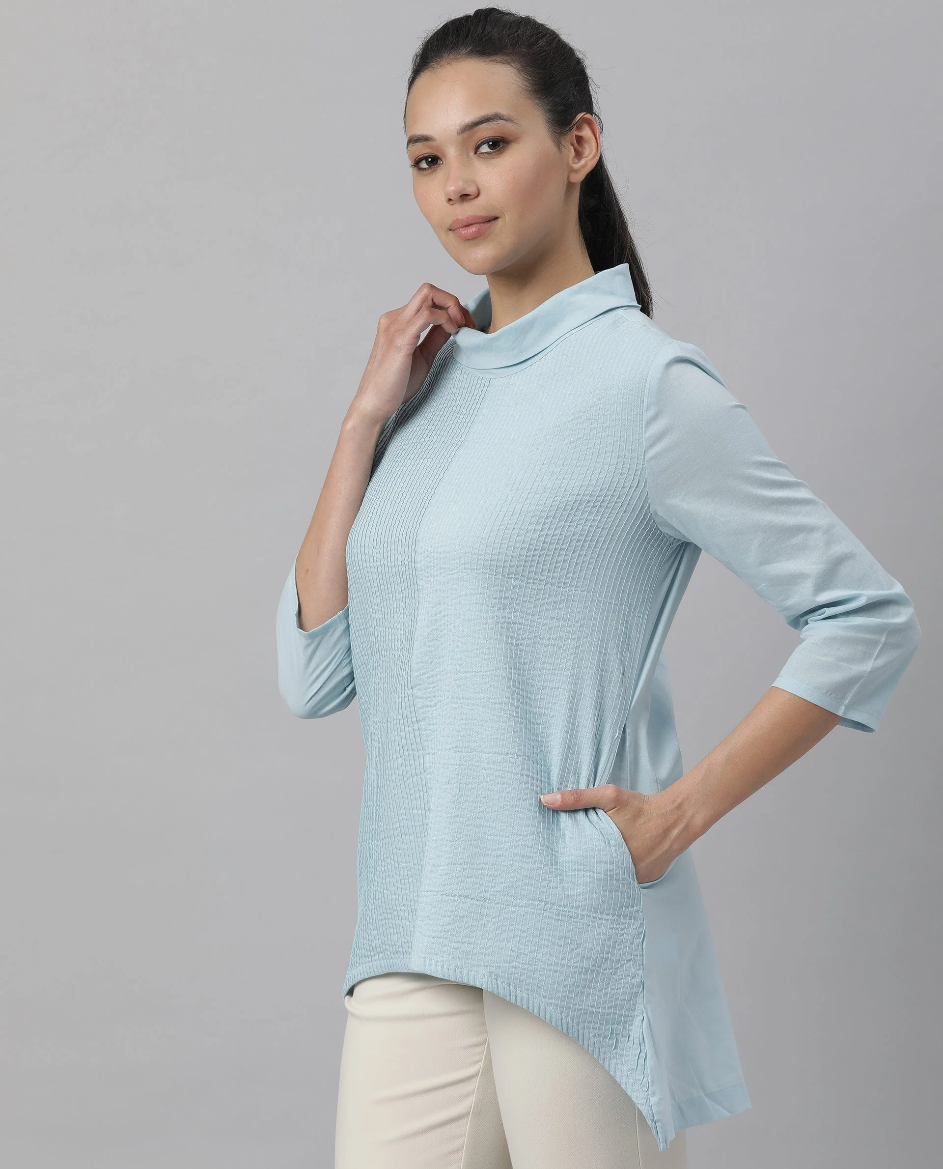 Rareism Women's Printol Blue Cotton Turtle Neck Plain Regular Fit Top - Image 8