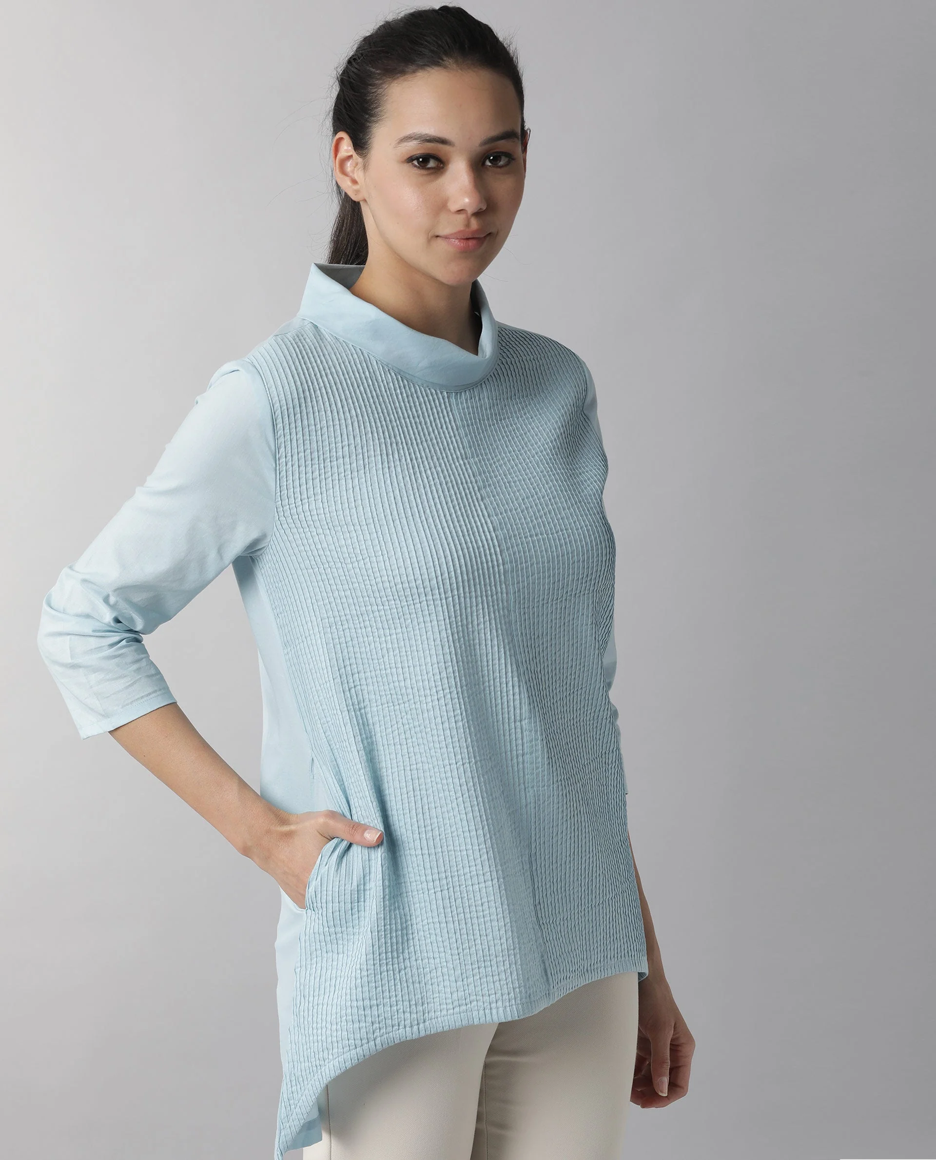 Rareism Women's Printol Blue Cotton Turtle Neck Plain Regular Fit Top - Image 9
