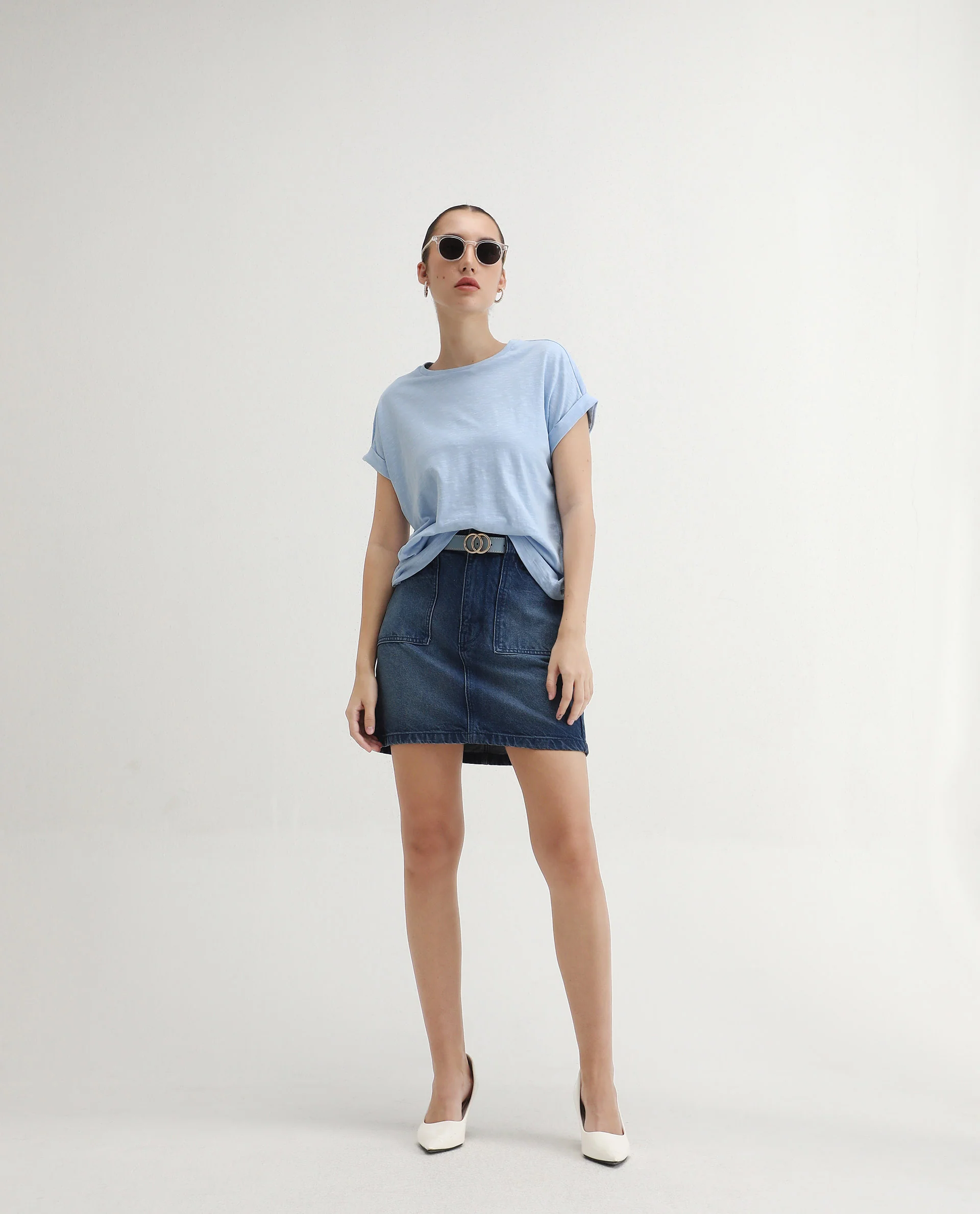 Rareism Women's Prisk Light Blue Cotton Crew Neck Plain Extended Sleeves Regular Fit T-Shirt - Image 2