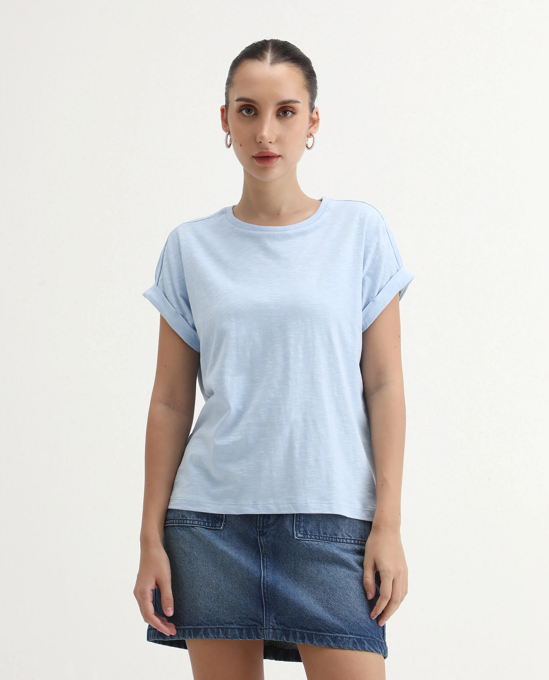 Rareism Women's Prisk Light Blue Cotton Crew Neck Plain Extended Sleeves Regular Fit T-Shirt - Image 3