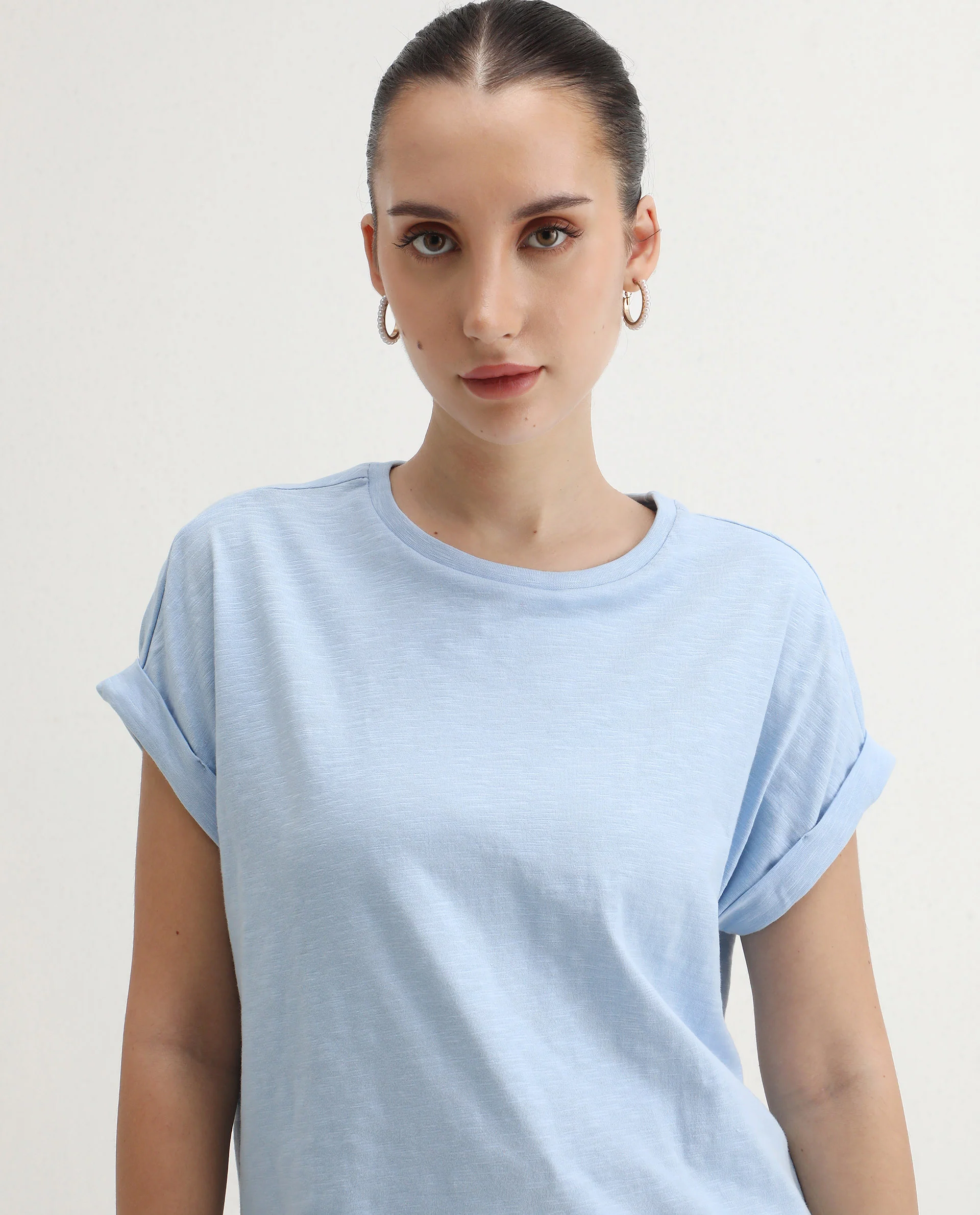 Rareism Women's Prisk Light Blue Cotton Crew Neck Plain Extended Sleeves Regular Fit T-Shirt - Image 4