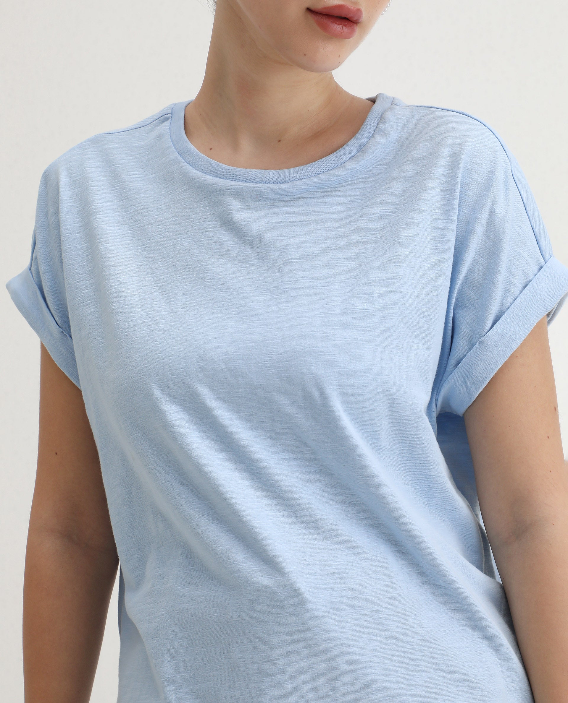 Rareism Women's Prisk Light Blue Cotton Crew Neck Plain Extended Sleeves Regular Fit T-Shirt - Image 5