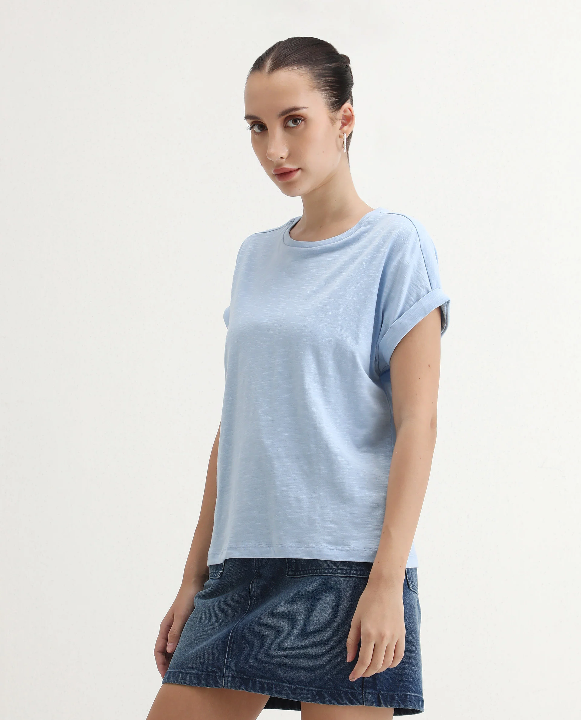 Rareism Women's Prisk Light Blue Cotton Crew Neck Plain Extended Sleeves Regular Fit T-Shirt - Image 6