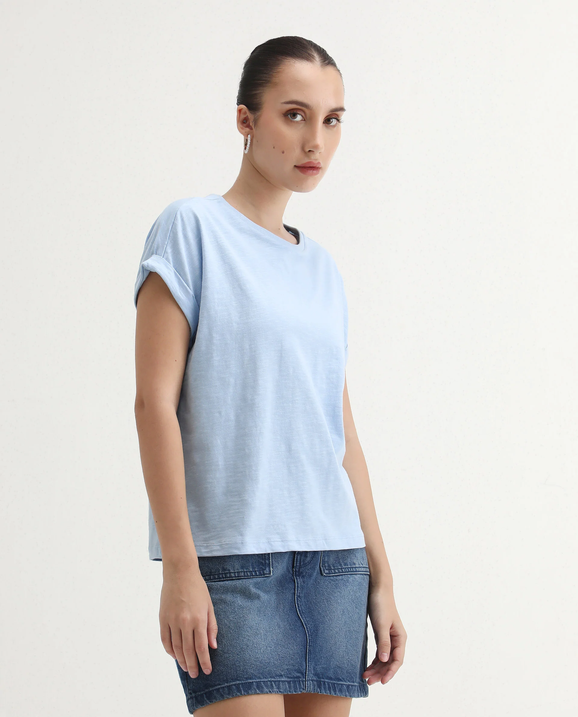 Rareism Women's Prisk Light Blue Cotton Crew Neck Plain Extended Sleeves Regular Fit T-Shirt - Image 7