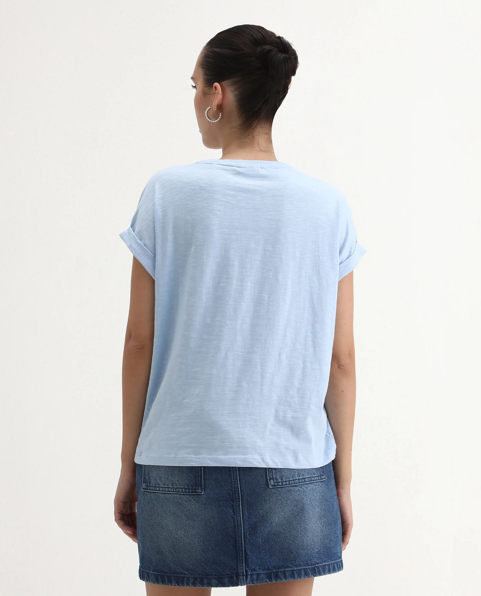Rareism Women's Prisk Light Blue Cotton Crew Neck Plain Extended Sleeves Regular Fit T-Shirt - Image 8