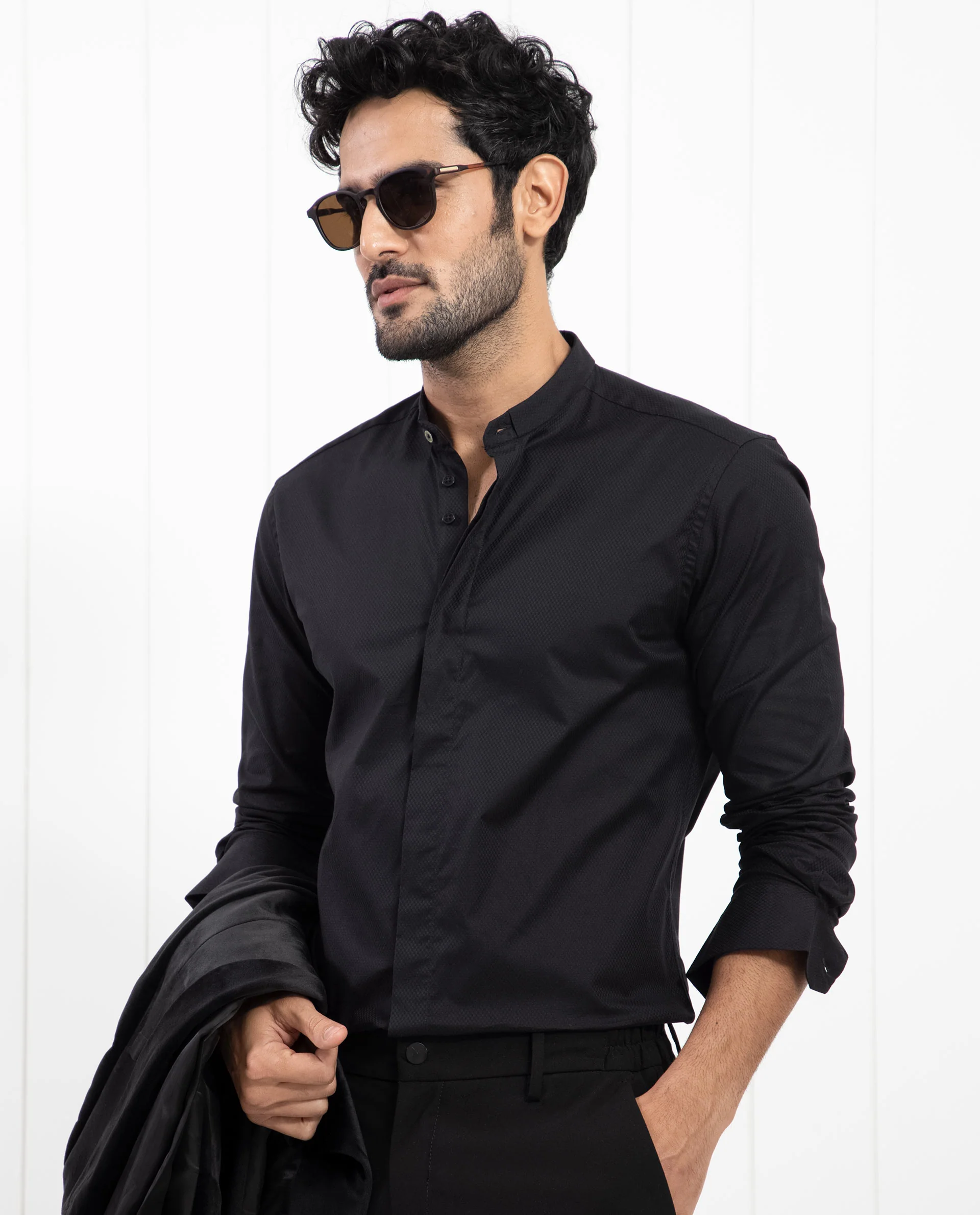 Rare Rabbit Men's Pristina Black Cotton Plain Regular Fit Full Sleeve Mandarin Collar Shirt - Image 3