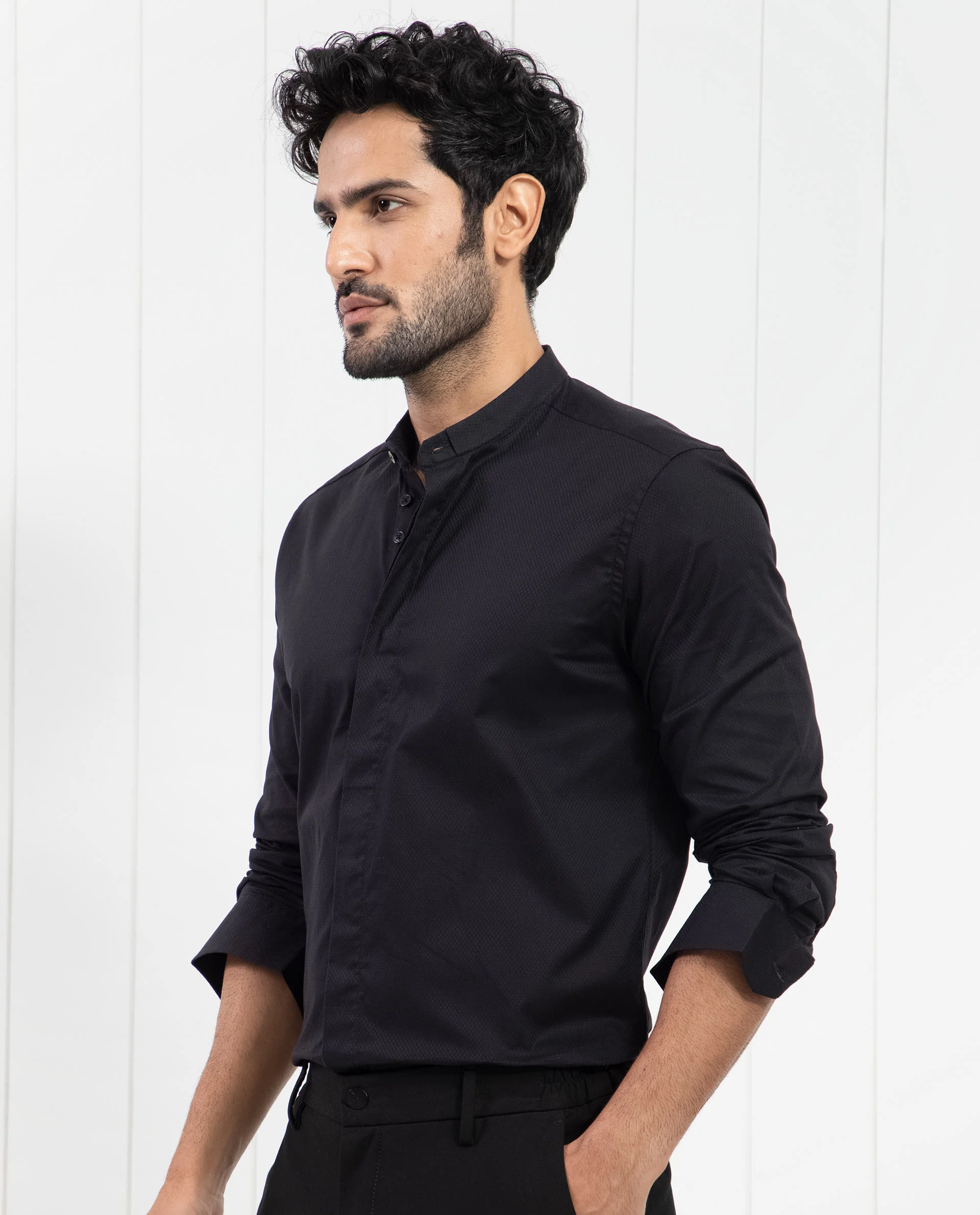 Rare Rabbit Men's Pristina Black Cotton Plain Regular Fit Full Sleeve Mandarin Collar Shirt - Image 6