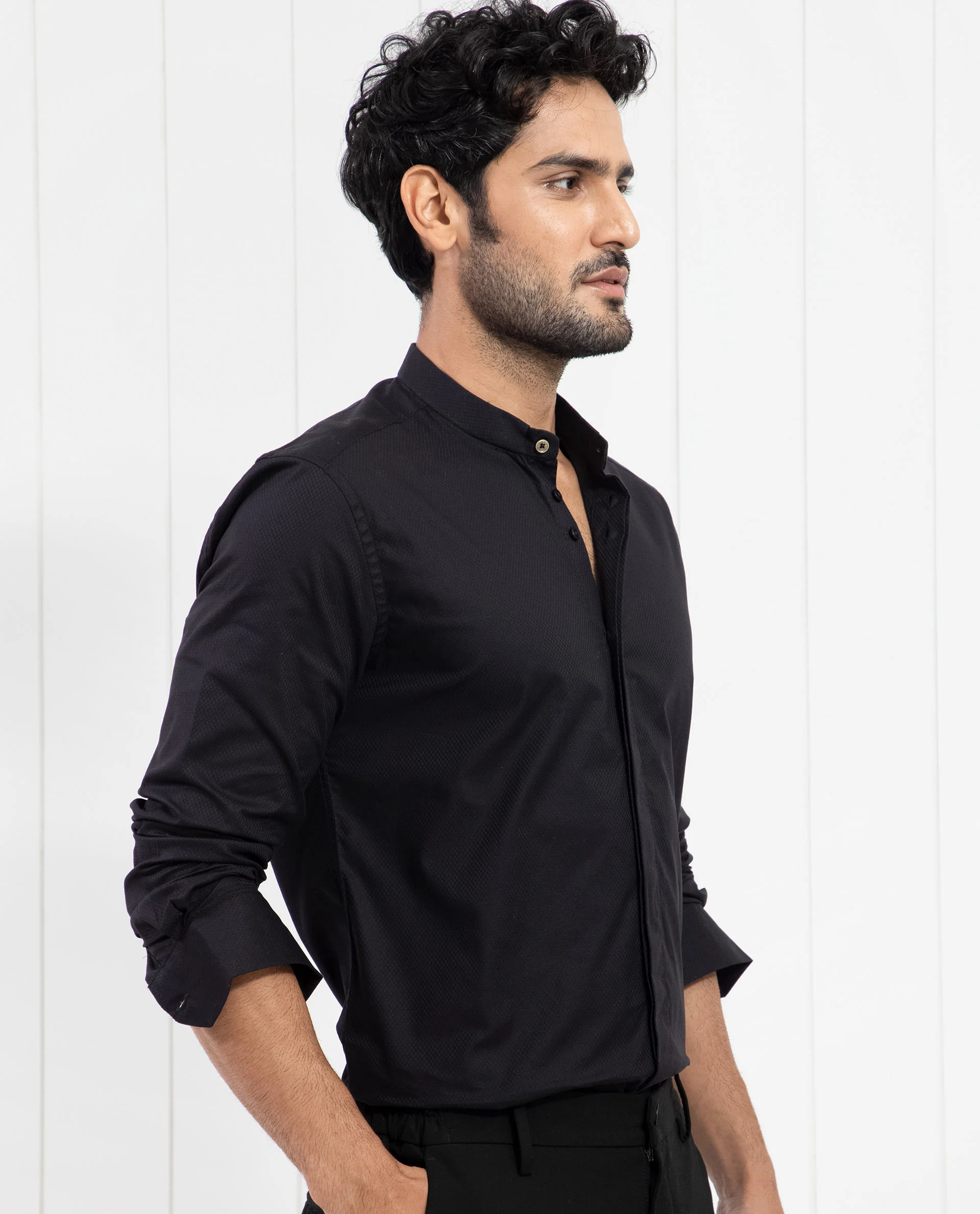 Rare Rabbit Men's Pristina Black Cotton Plain Regular Fit Full Sleeve Mandarin Collar Shirt - Image 7