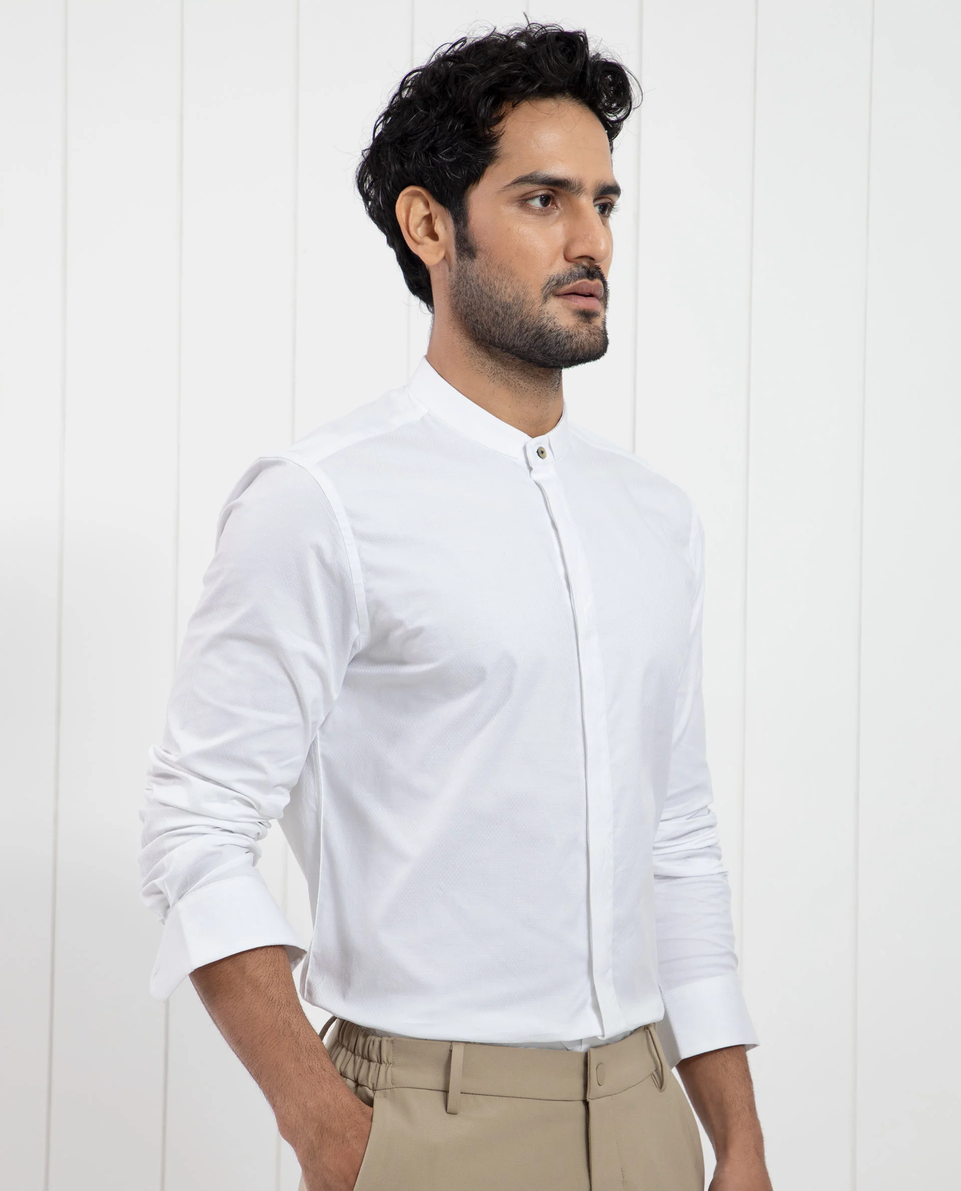 Rare Rabbit Men's Pristina White Cotton Plain Regular Fit Full Sleeve Mandarin Collar Shirt - Image 3