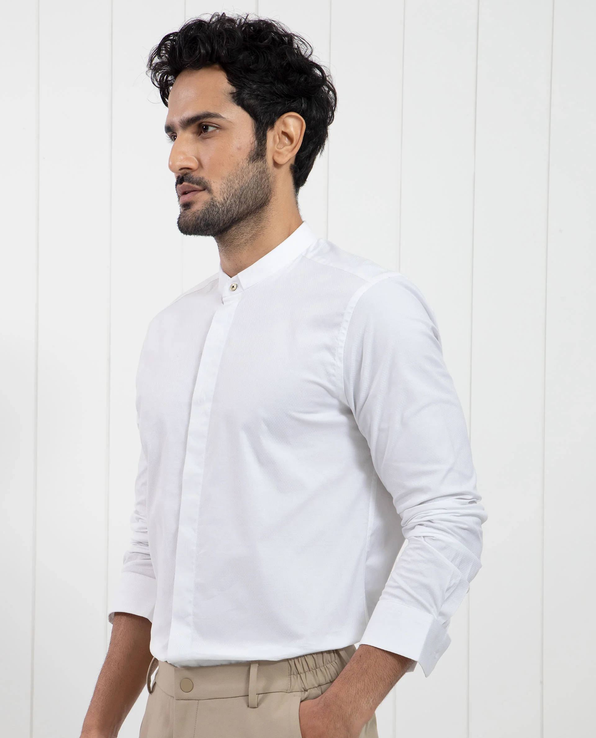 Rare Rabbit Men's Pristina White Cotton Plain Regular Fit Full Sleeve Mandarin Collar Shirt - Image 6