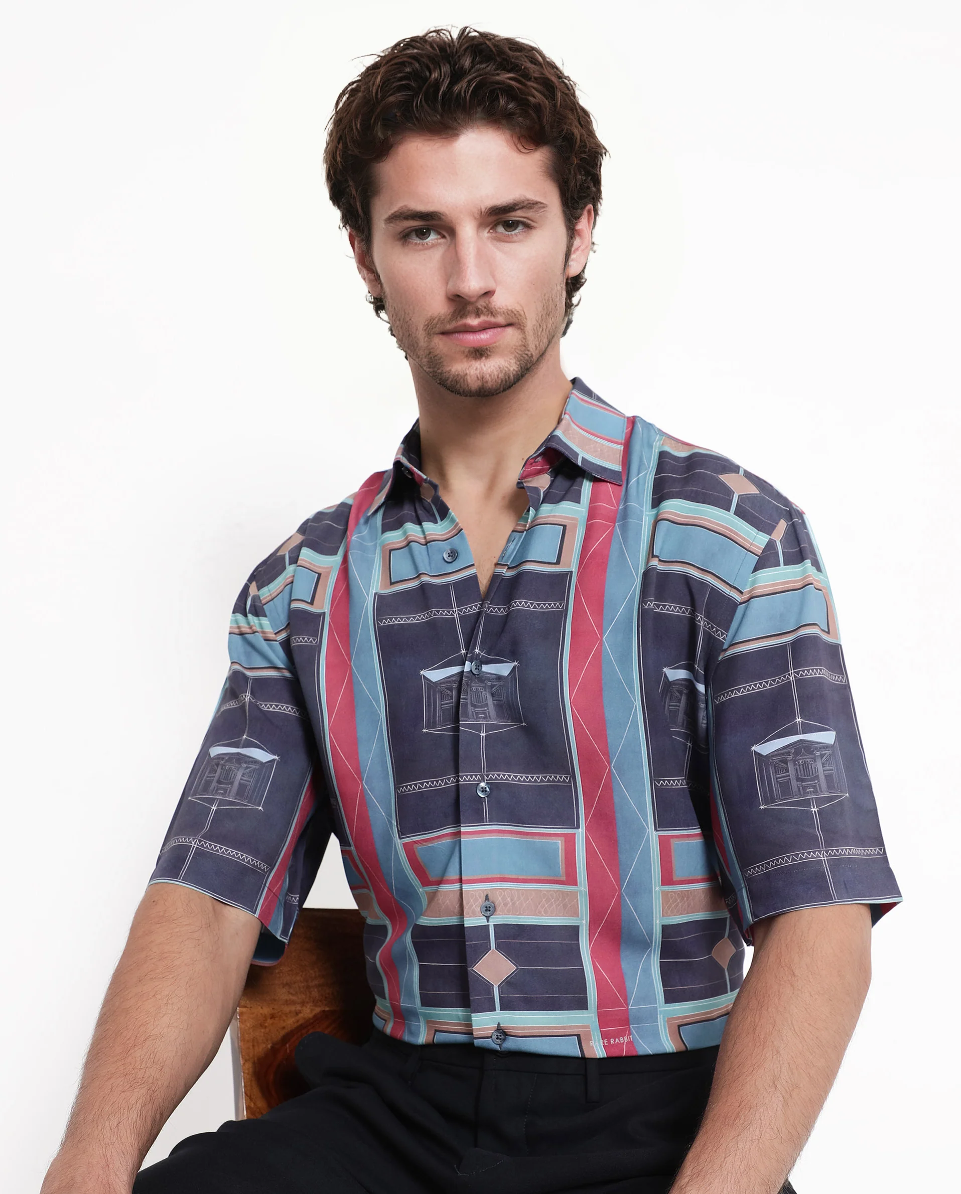 Rare Rabbit Men's Pristom Dark Blue Viscose Geometric Print Boxy Fit Half Sleeve Collared Shirt