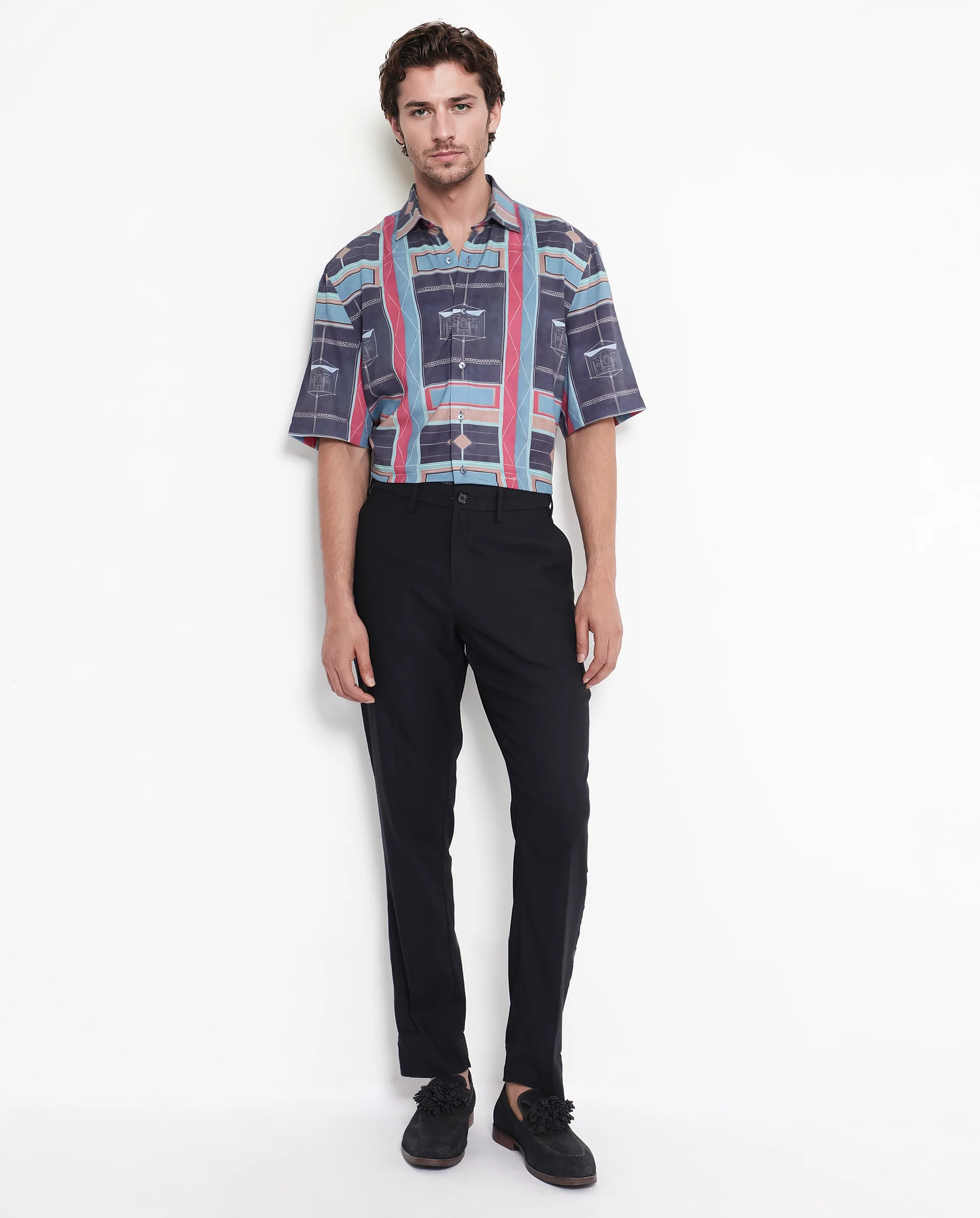 Rare Rabbit Men's Pristom Dark Blue Viscose Geometric Print Boxy Fit Half Sleeve Collared Shirt - Image 2