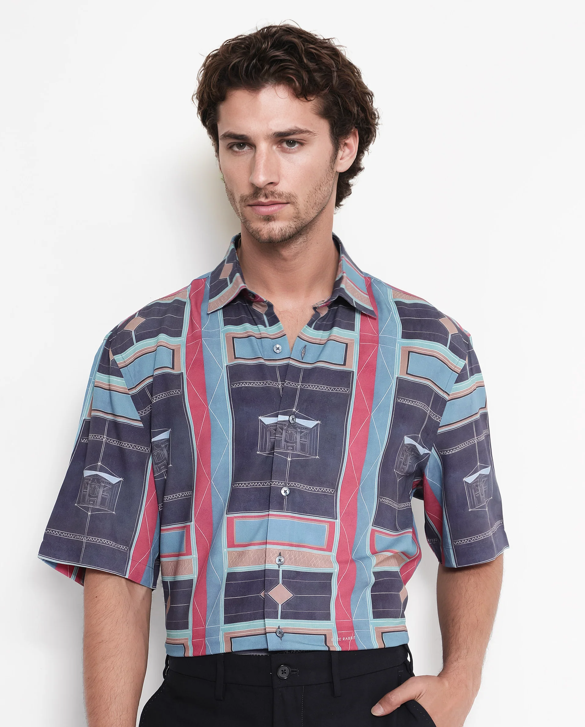 Rare Rabbit Men's Pristom Dark Blue Viscose Geometric Print Boxy Fit Half Sleeve Collared Shirt - Image 3