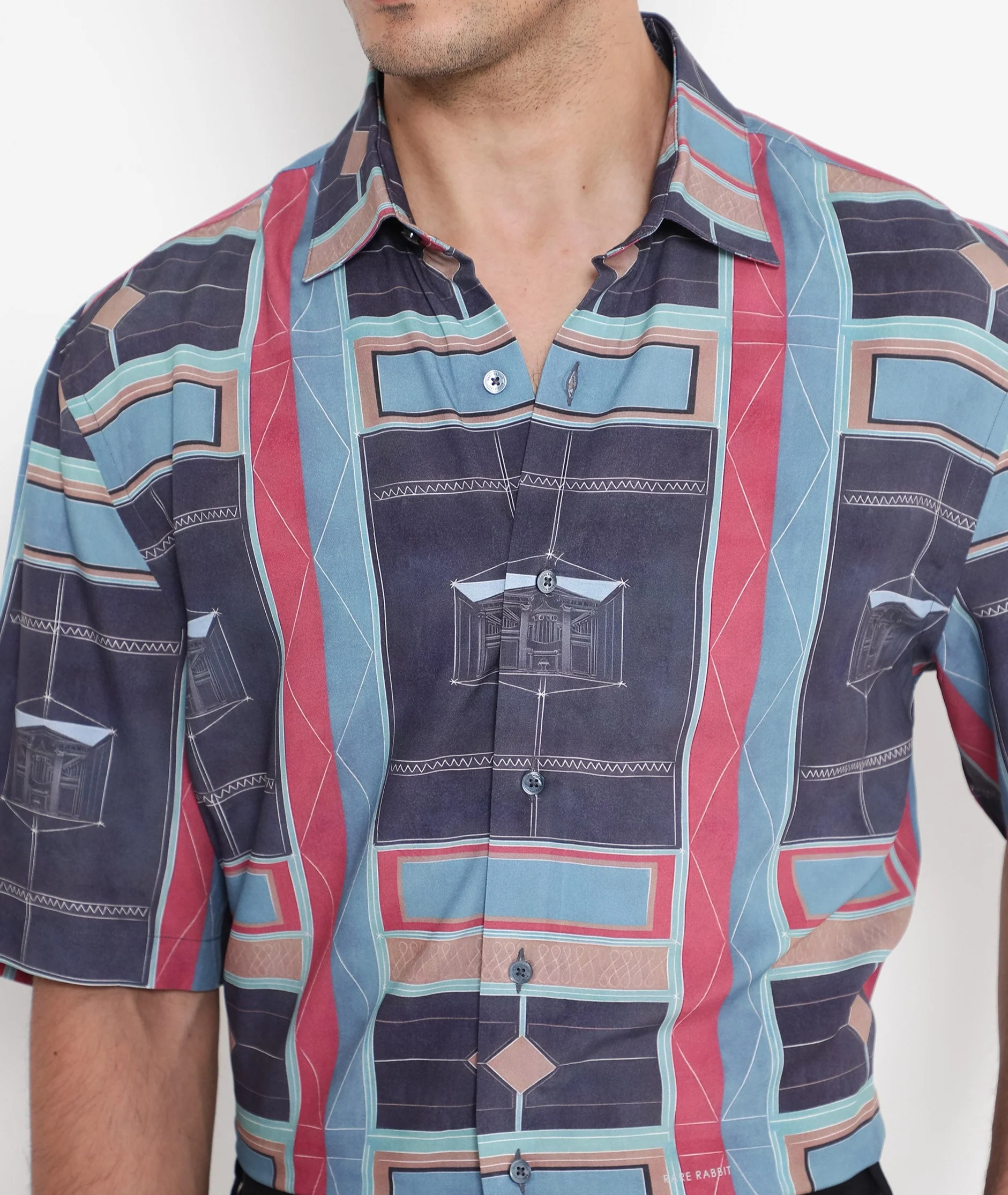 Rare Rabbit Men's Pristom Dark Blue Viscose Geometric Print Boxy Fit Half Sleeve Collared Shirt - Image 4