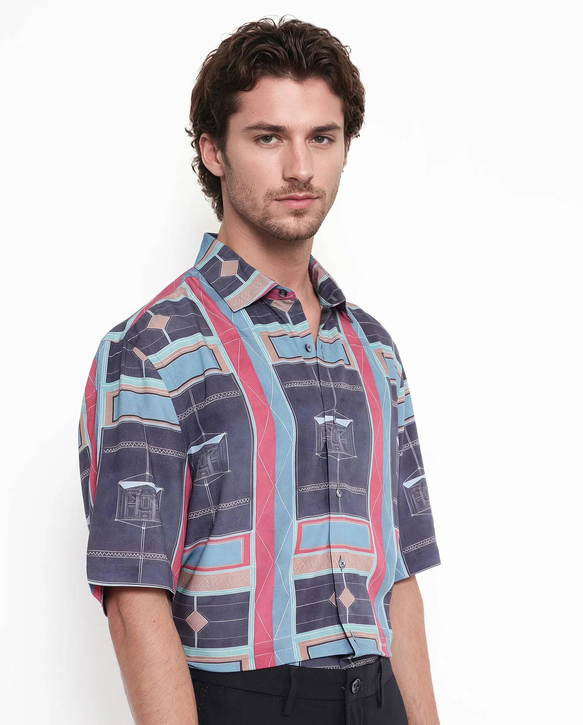 Rare Rabbit Men's Pristom Dark Blue Viscose Geometric Print Boxy Fit Half Sleeve Collared Shirt - Image 5