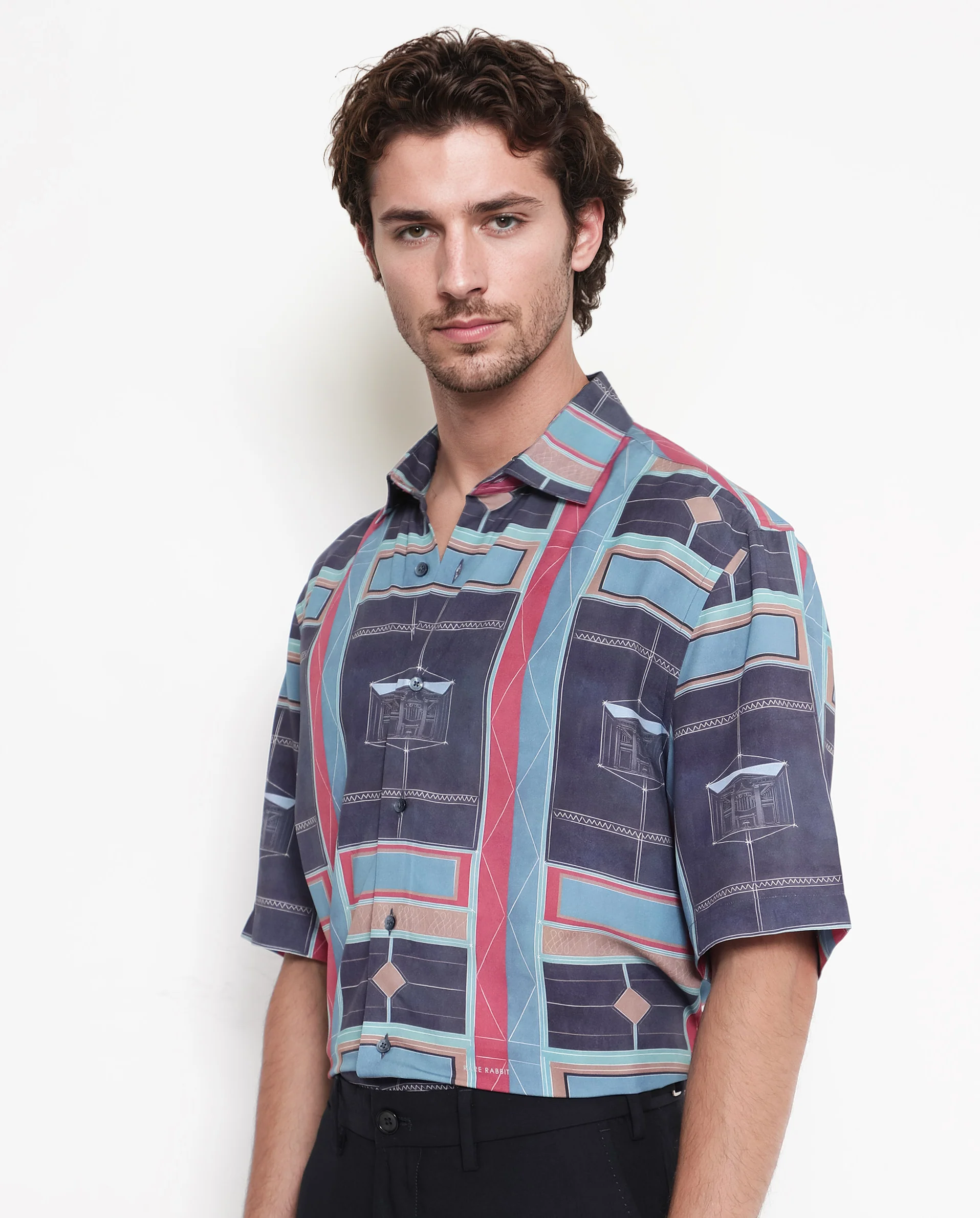 Rare Rabbit Men's Pristom Dark Blue Viscose Geometric Print Boxy Fit Half Sleeve Collared Shirt - Image 6