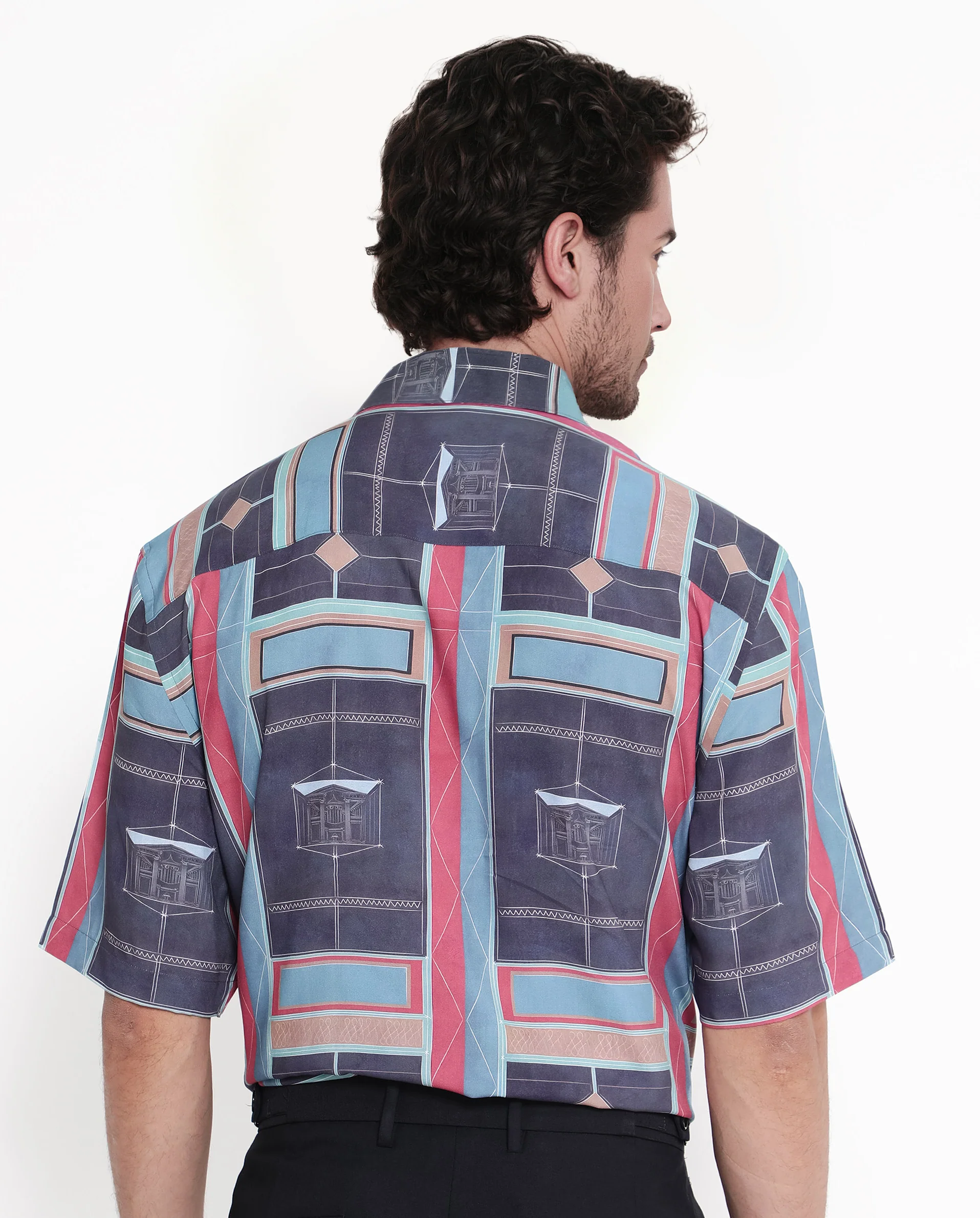Rare Rabbit Men's Pristom Dark Blue Viscose Geometric Print Boxy Fit Half Sleeve Collared Shirt - Image 7
