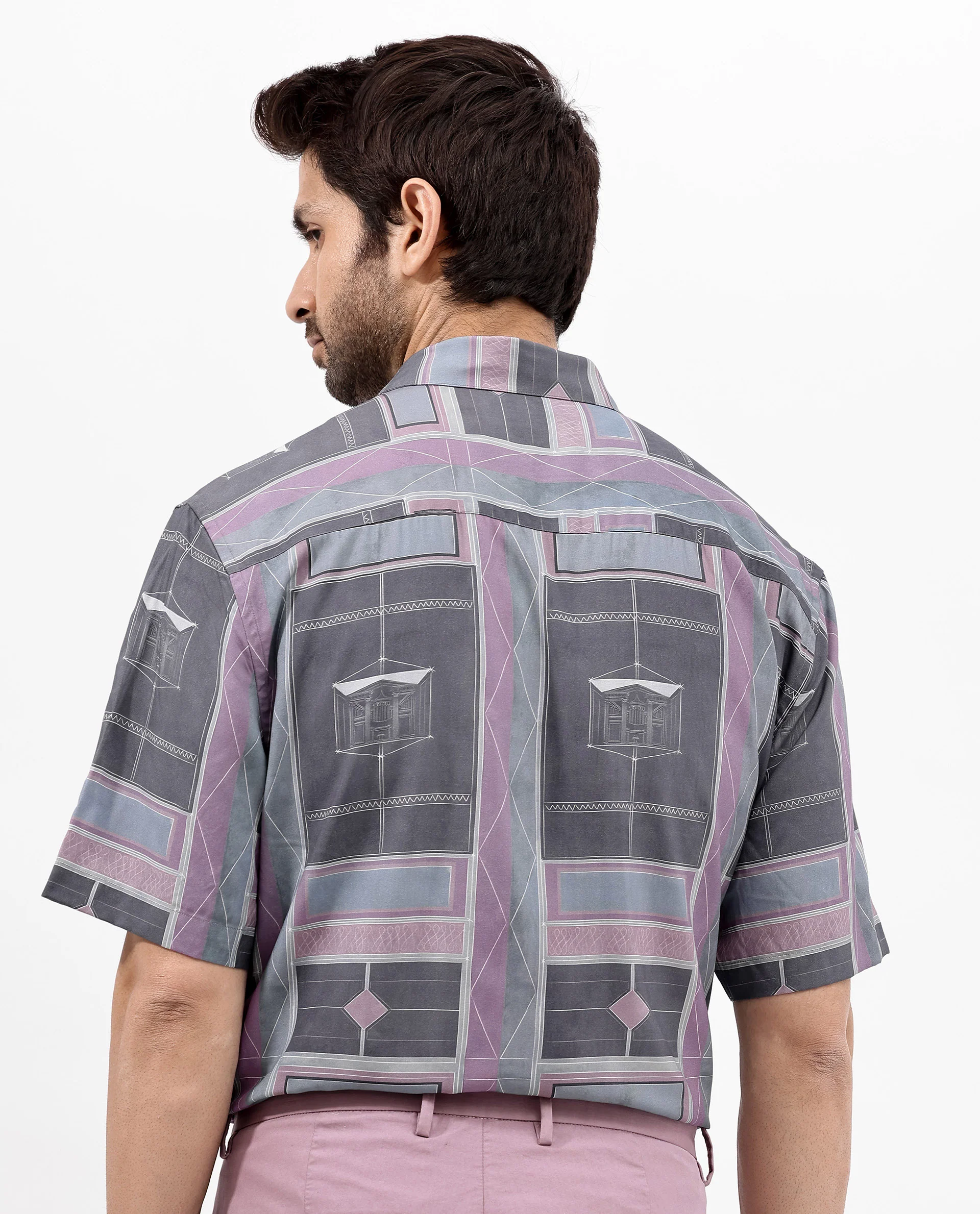 Rare Rabbit Men's Pristom Grey Viscose Geometric Print Boxy Fit Half Sleeve Collared Shirt - Image 10