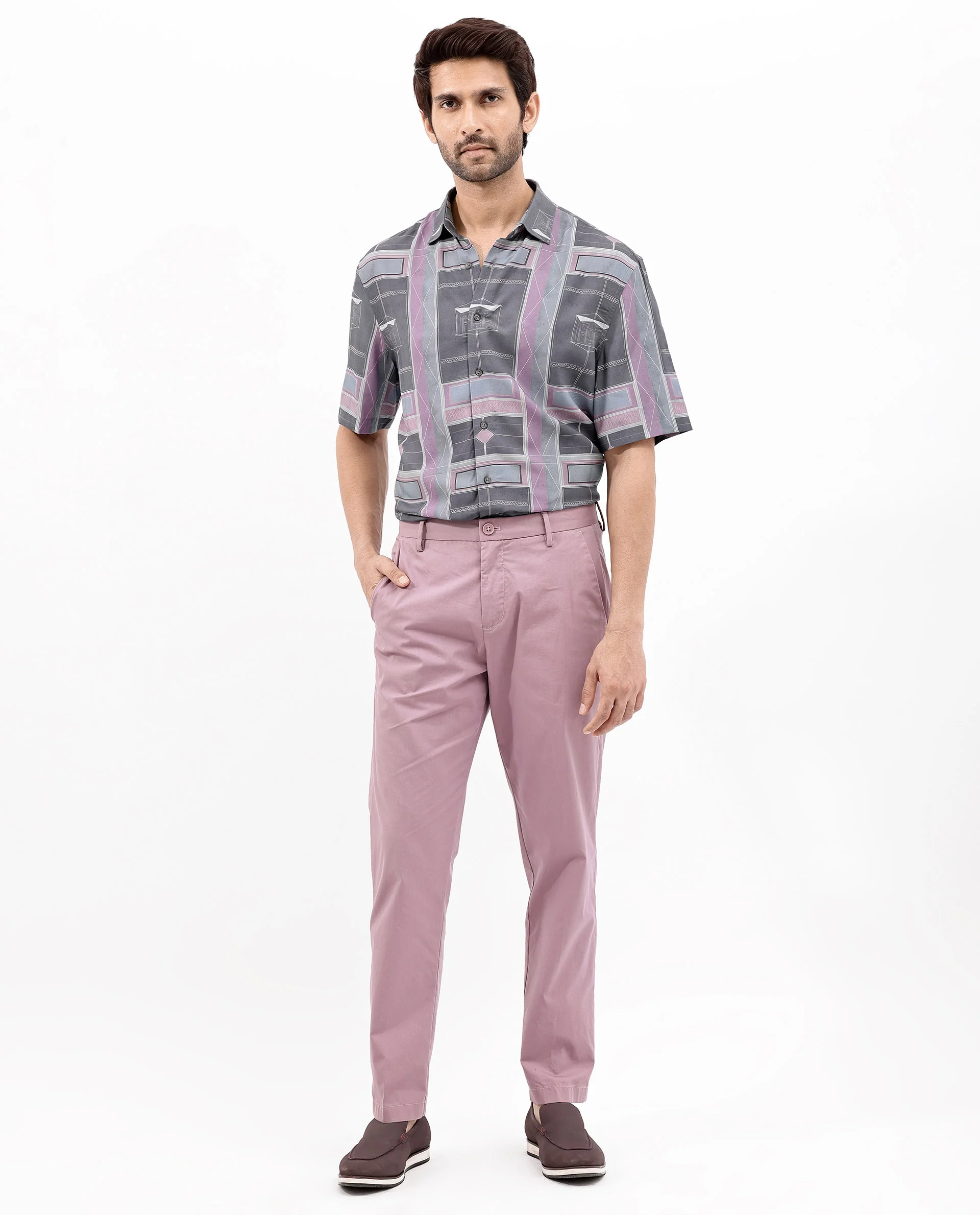 Rare Rabbit Men's Pristom Grey Viscose Geometric Print Boxy Fit Half Sleeve Collared Shirt - Image 2