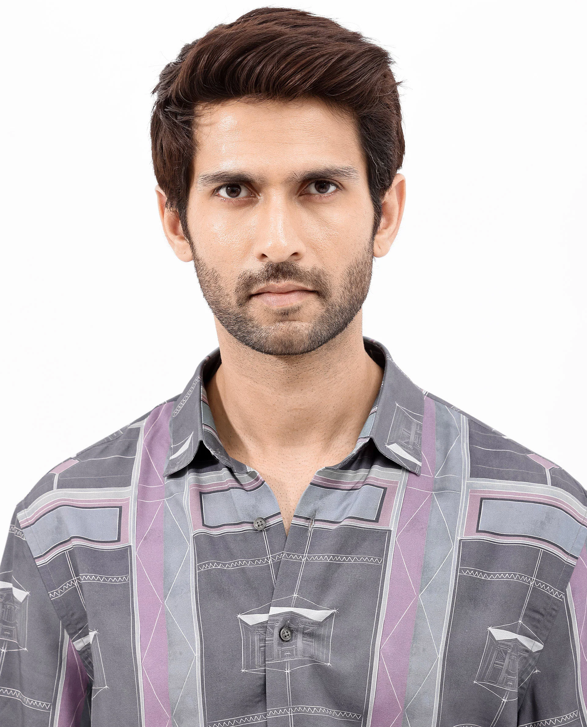 Rare Rabbit Men's Pristom Grey Viscose Geometric Print Boxy Fit Half Sleeve Collared Shirt - Image 3
