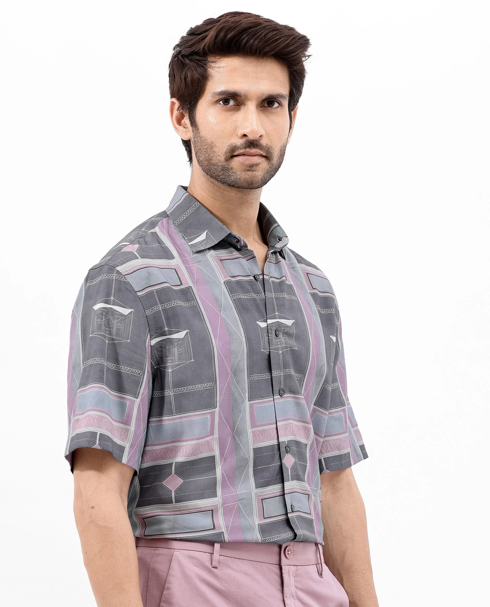 Rare Rabbit Men's Pristom Grey Viscose Geometric Print Boxy Fit Half Sleeve Collared Shirt - Image 4